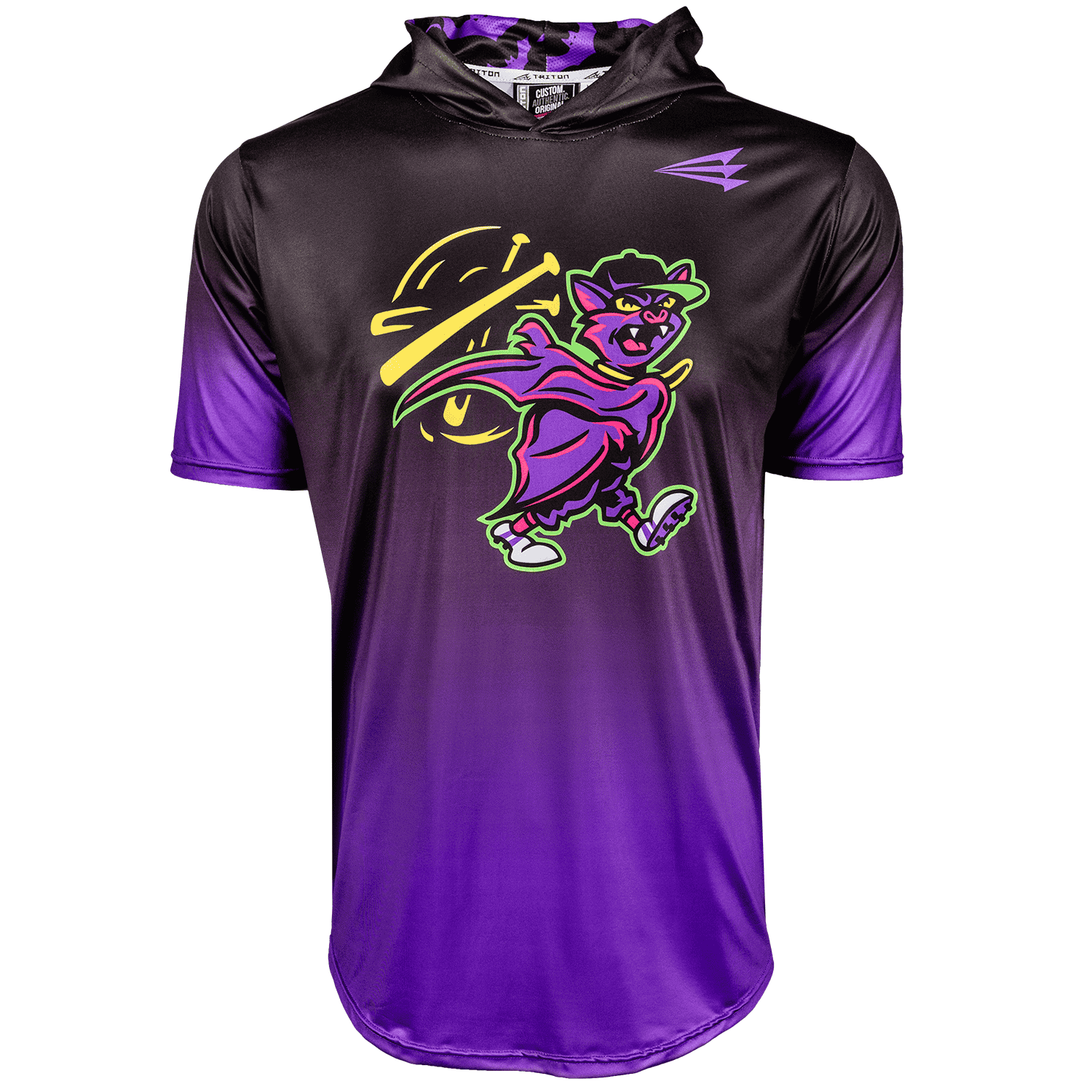 Black and purple hoodie with a colorful graphic design on a white background