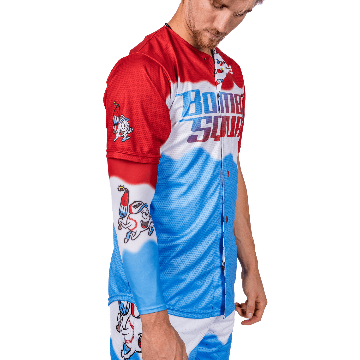 Person wearing a colorful sports jersey with cartoon characters on a white background
