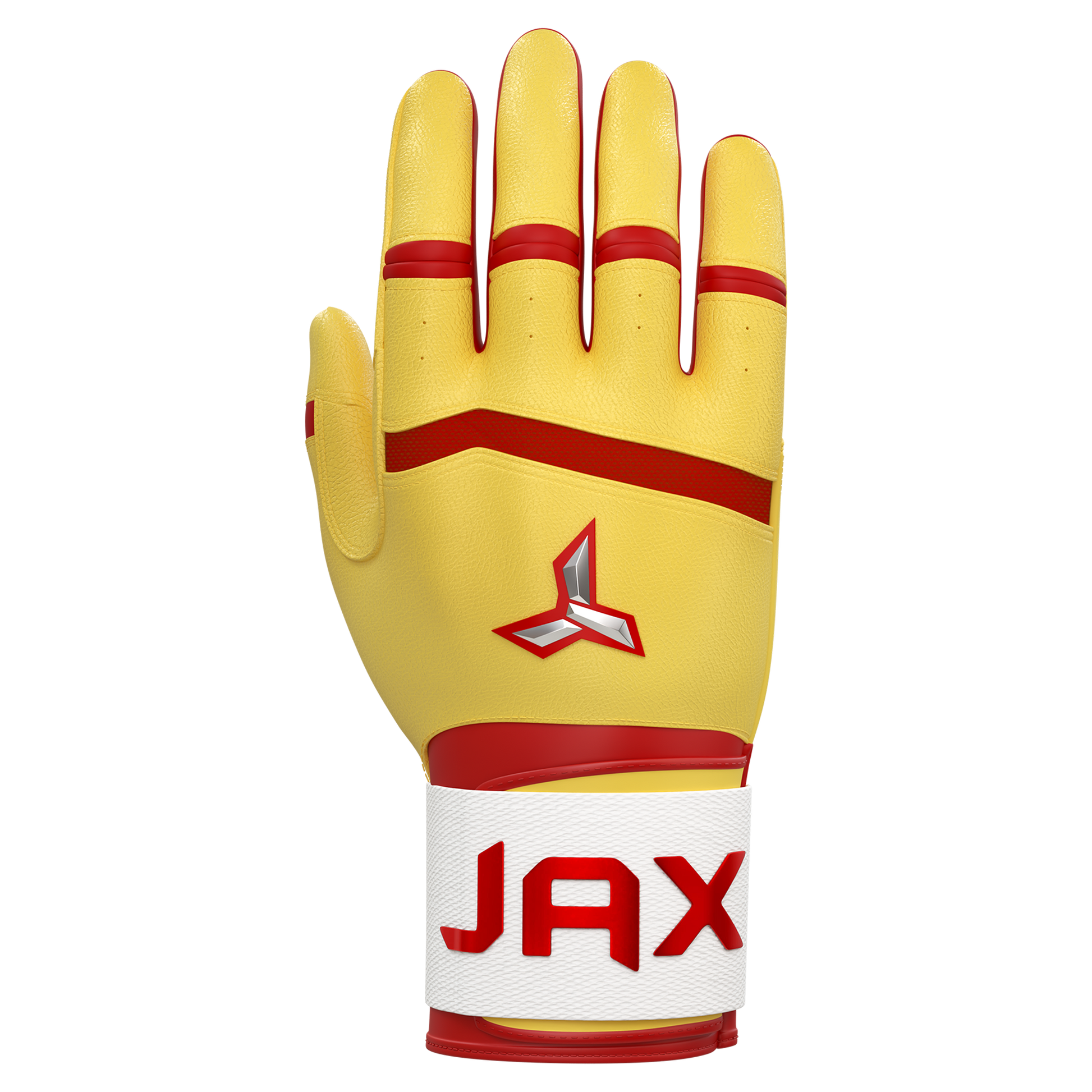 Yellow and red glove with 'JAX' branding on a white background