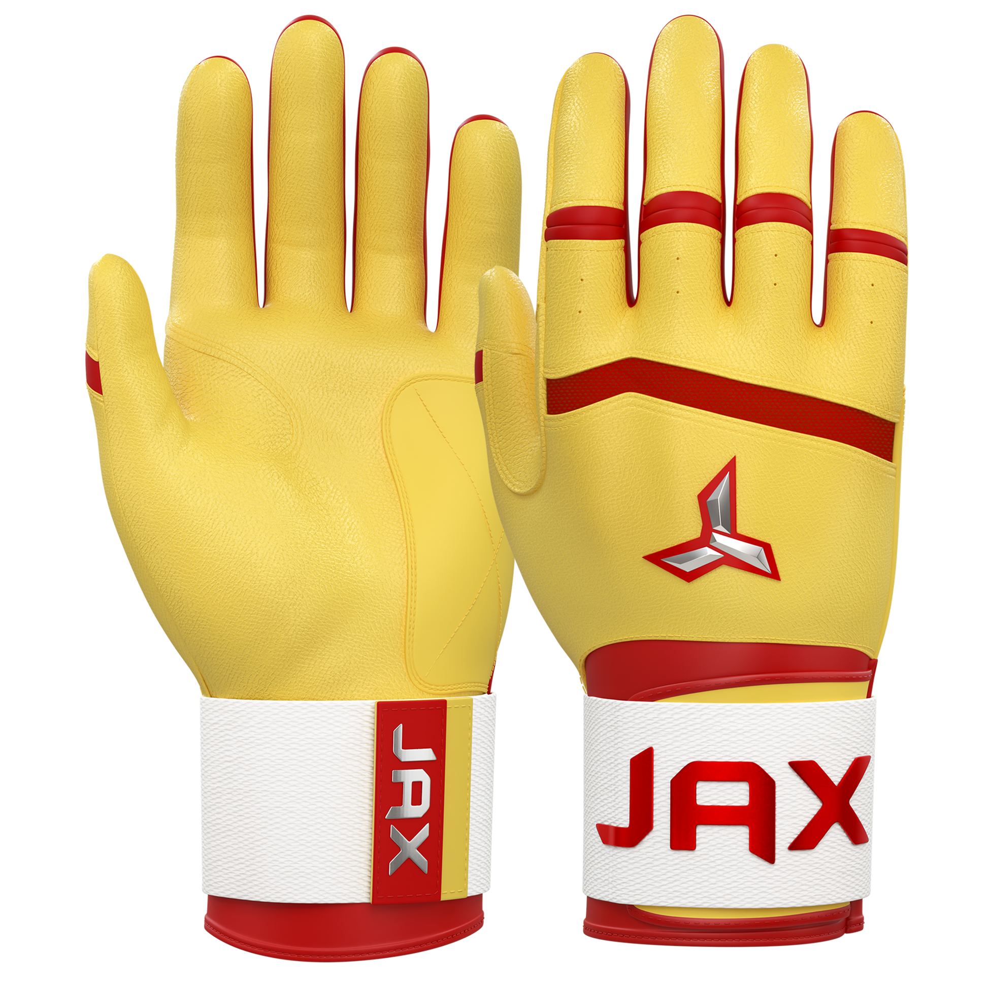 Yellow gloves with red accents and 'JAX' branding on a white background
