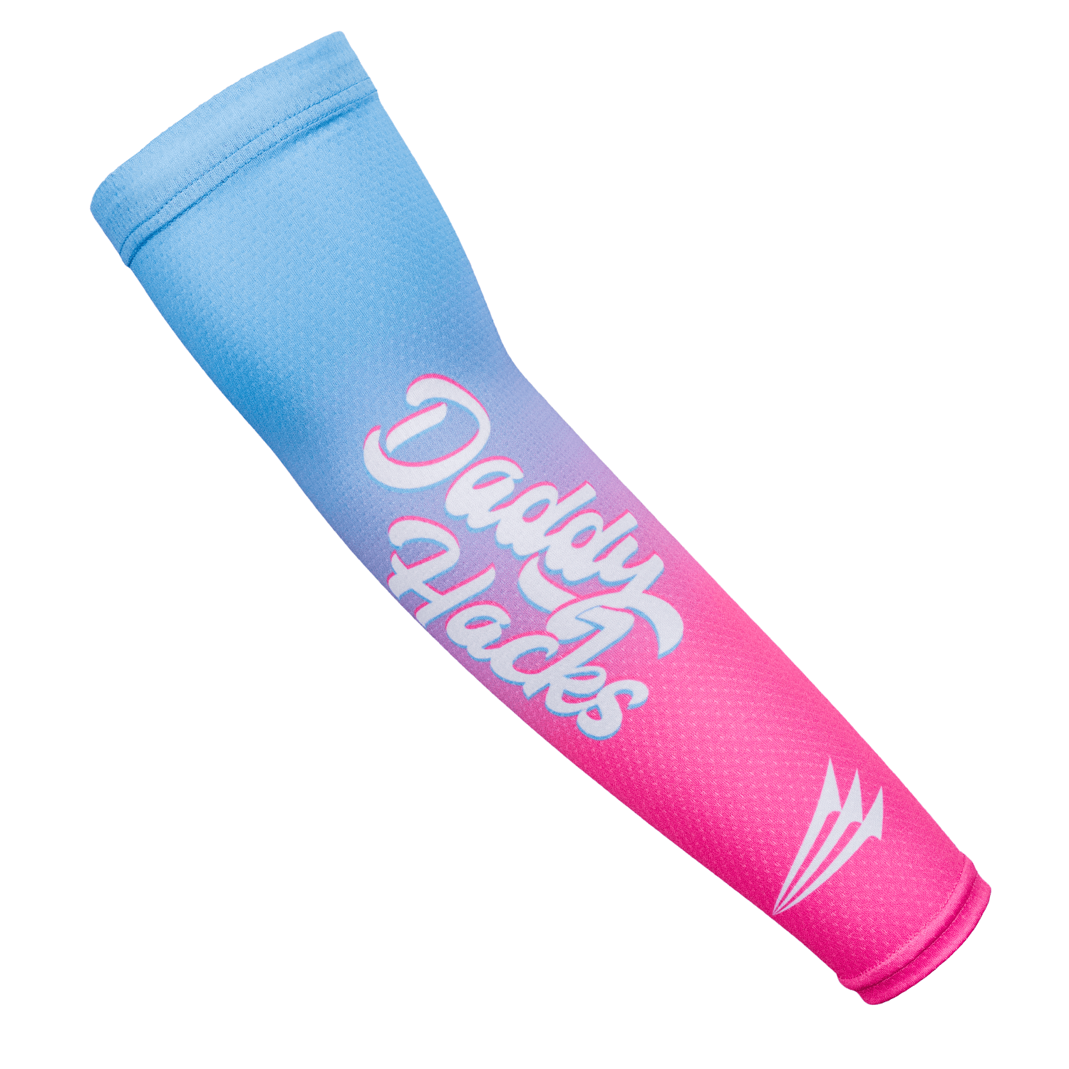 Pink and blue arm sleeve with 'Daddy Hack' text on a white background