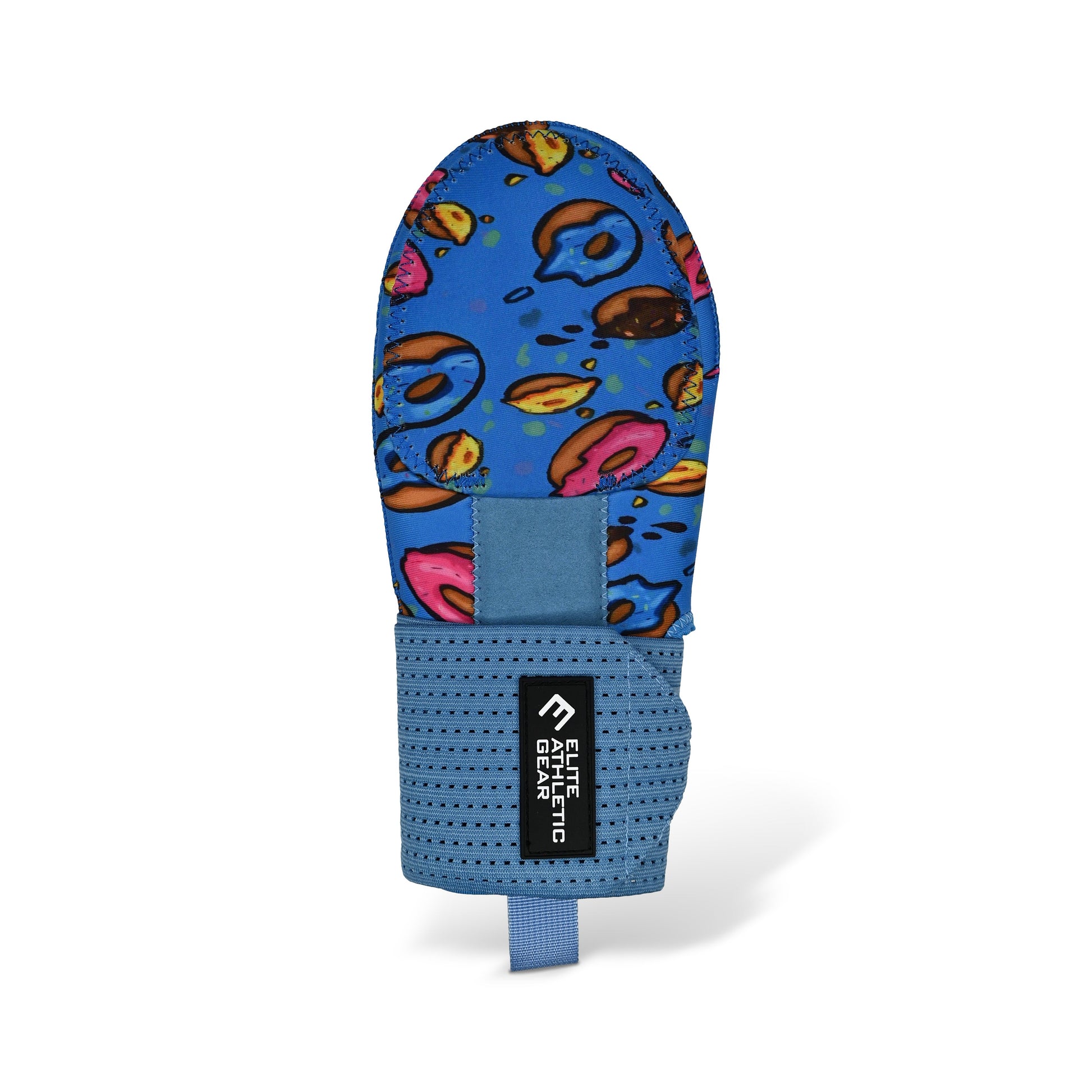 Blue athletic glove with colorful donut pattern on a white background
