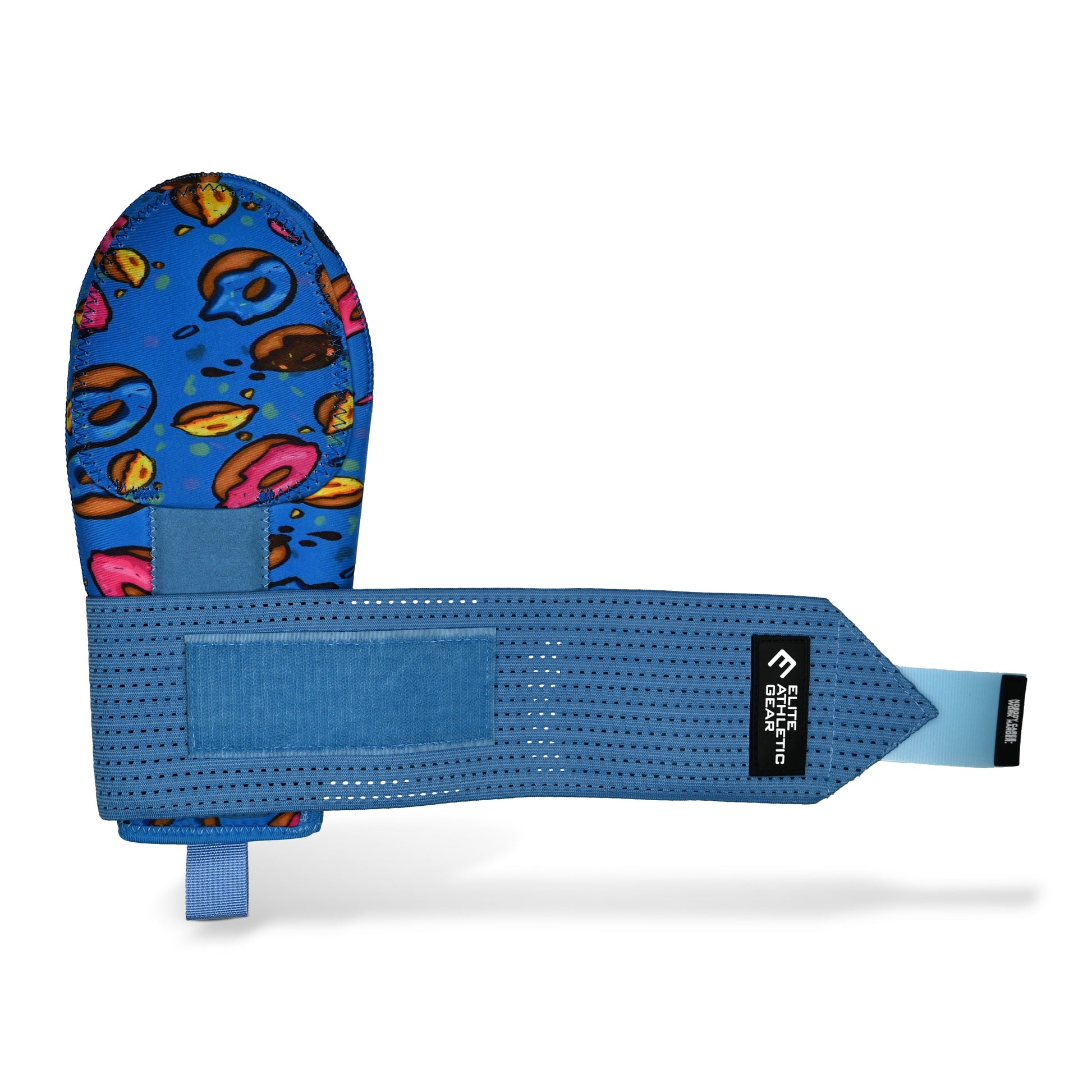 Blue oven mitt with colorful emoji pattern on a white background
