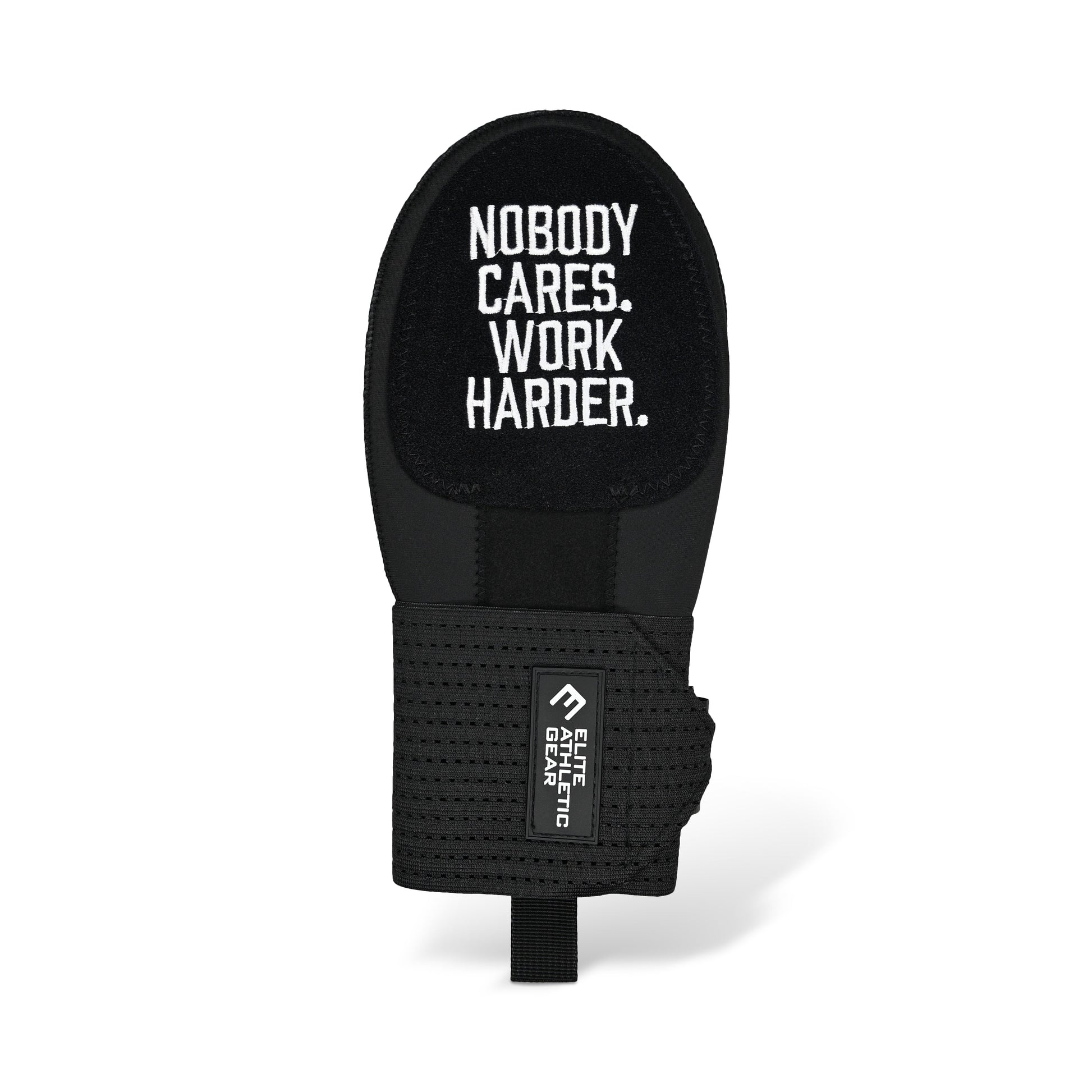 Black training glove with 'Nobody cares, work harder' text on a white background