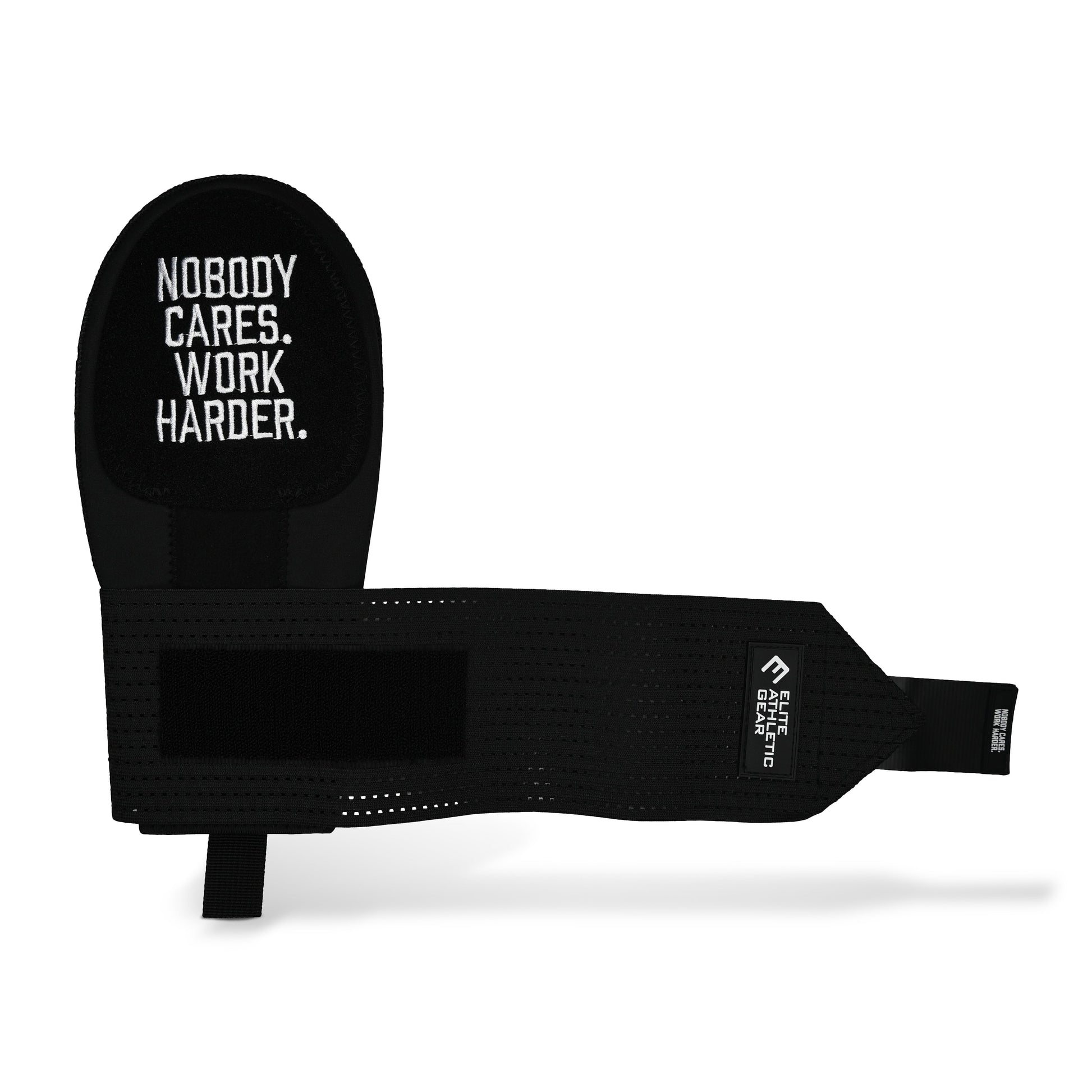Black wrist wrap with motivational text on a white background