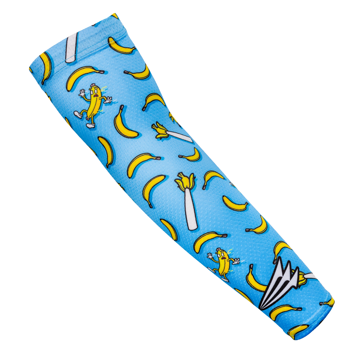 Blue arm sleeve with banana and zebra pattern on a white background