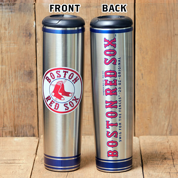 Silver tumbler with Boston Red Sox logo on a wooden background