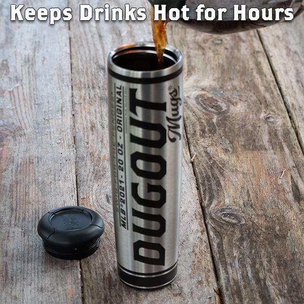 Dugout mug being filled with coffee on a wooden surface, with text 'Keeps Drinks Hot for Hours'.