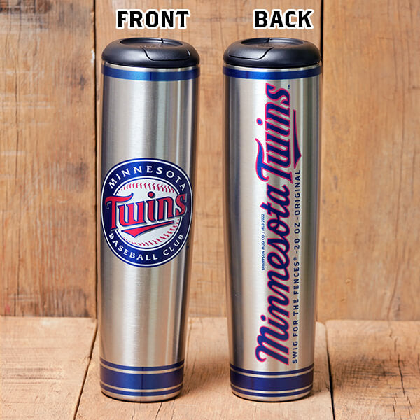 Silver tumbler with Minnesota Twins logo on a wooden background