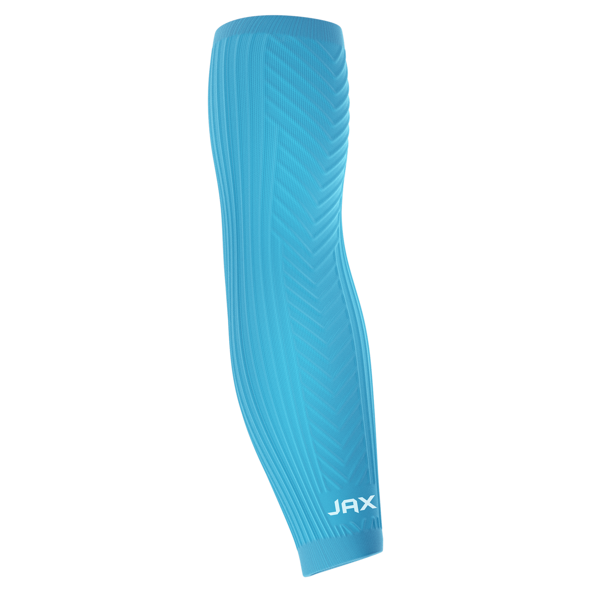 Blue compression sleeve with 'JAX' branding on a white background