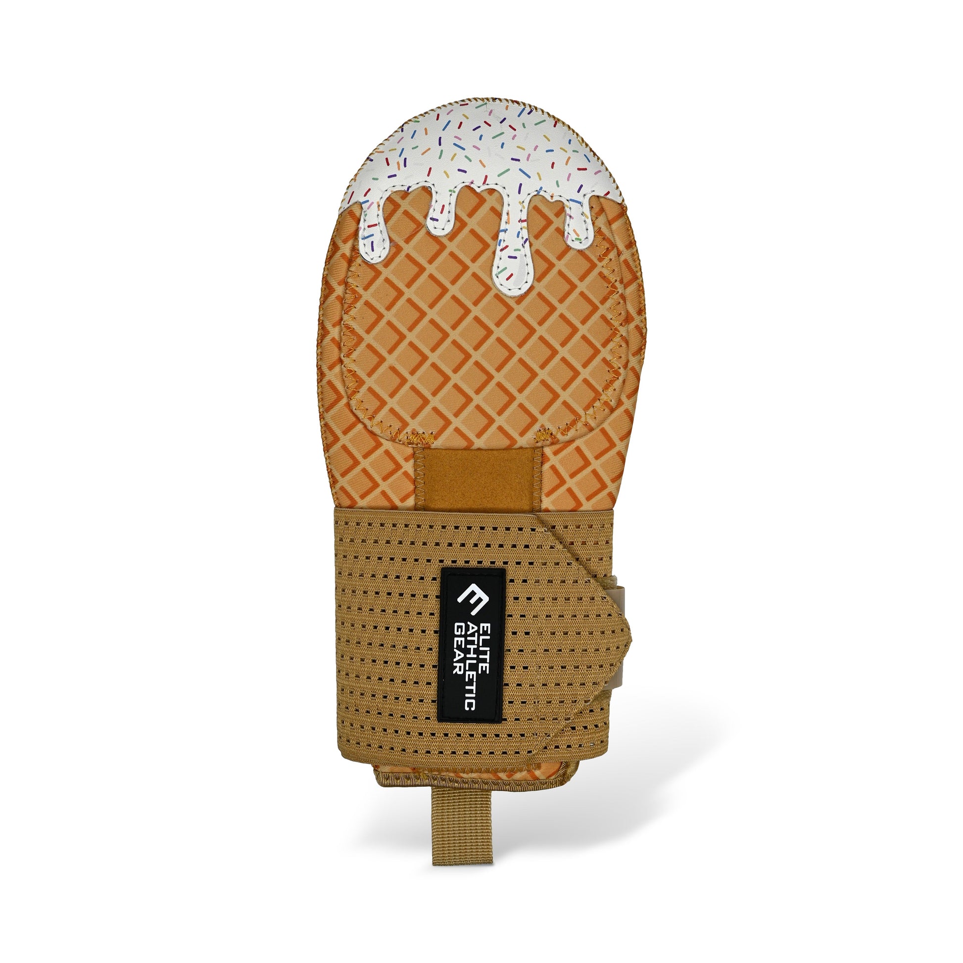 Mitt designed to look like a ice cream cone with a label on a white background