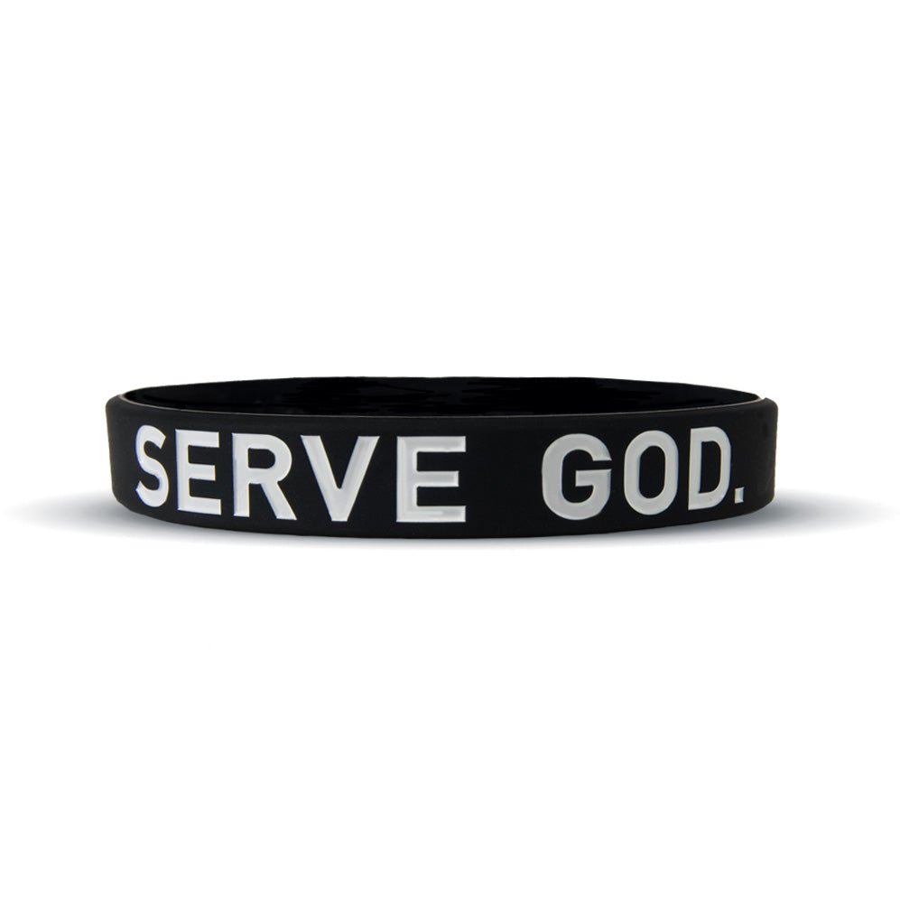 Black wristband with 'SERVE GOD.' text on a white background