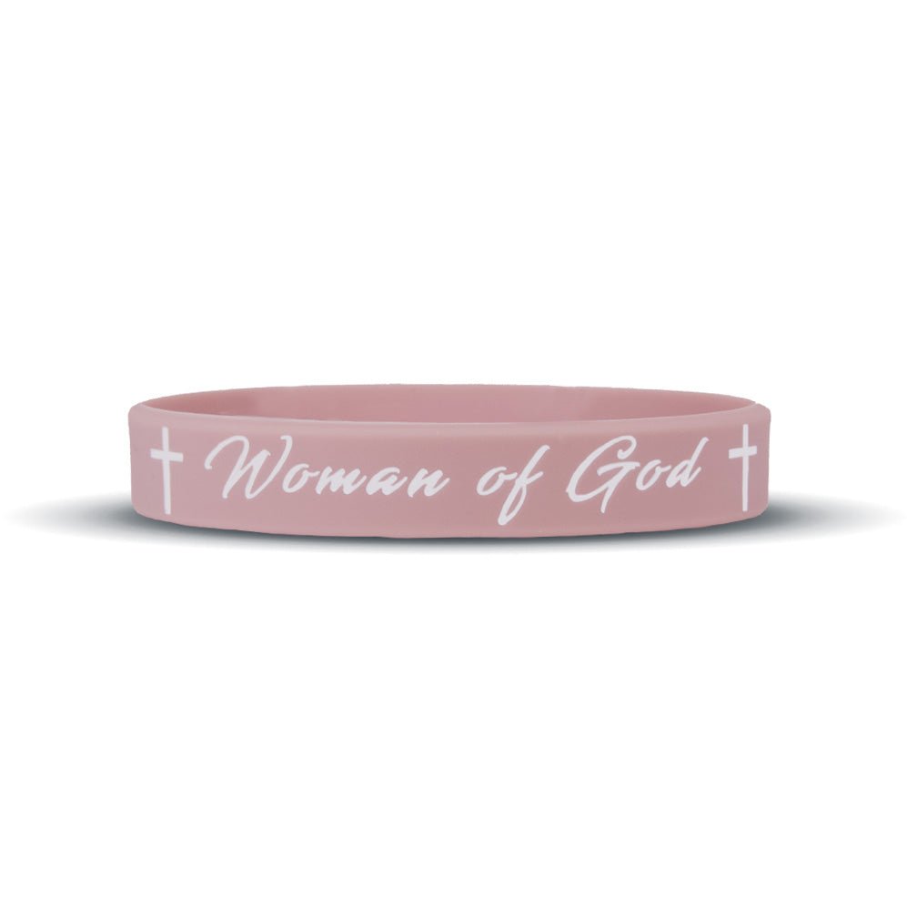 Pink wristband with 'Woman of God' text on a white background