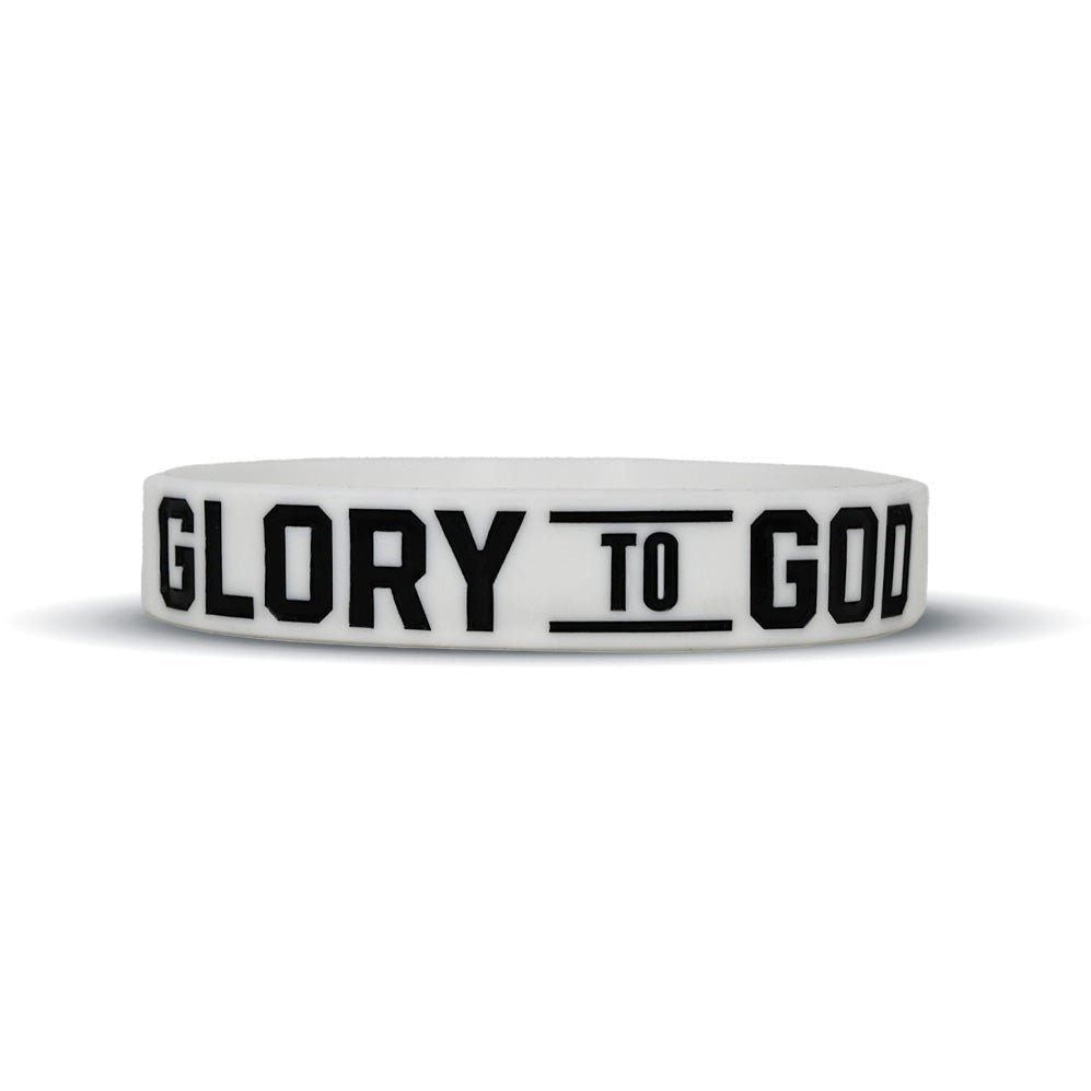 White wristband with 'GLORY TO GOD' text on a white background