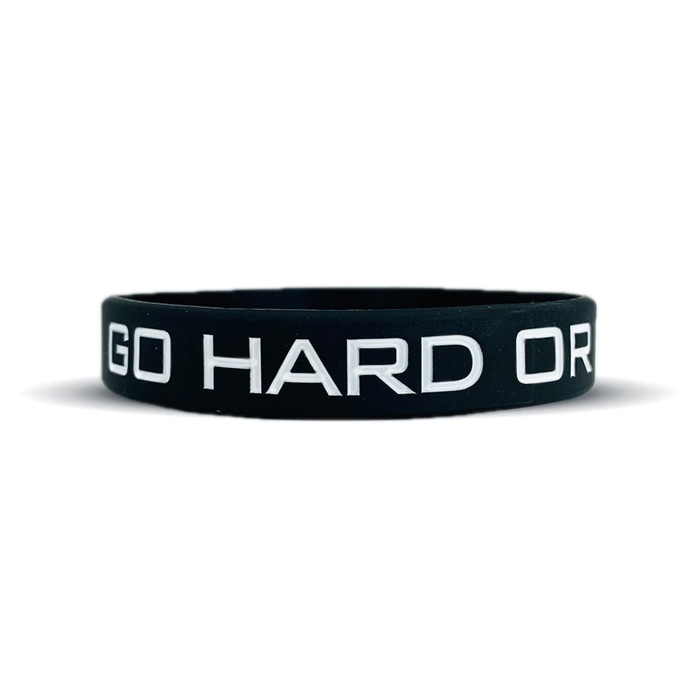 Black wristband with 'GO HARD OR' text on a white background