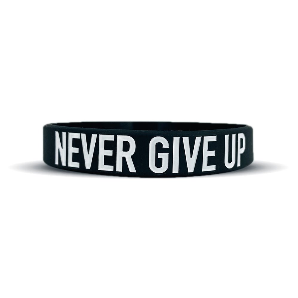Black wristband with 'NEVER GIVE UP' text on a white background