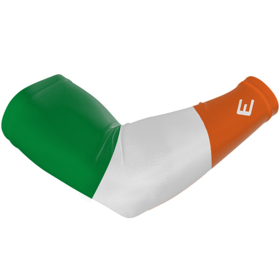 Elbow pad with green, white, and orange design on a white background. Ireland.
