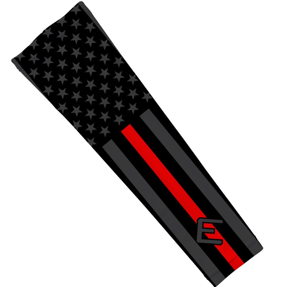 American flag with a thin red line and a letter 'E' on a white background