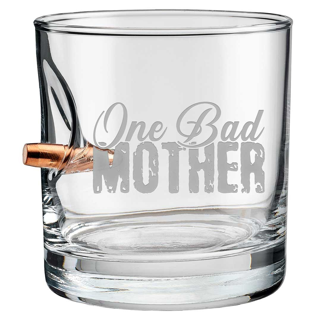 Clear glass with 'One Bad Mother' text and a bullet inside on a white background