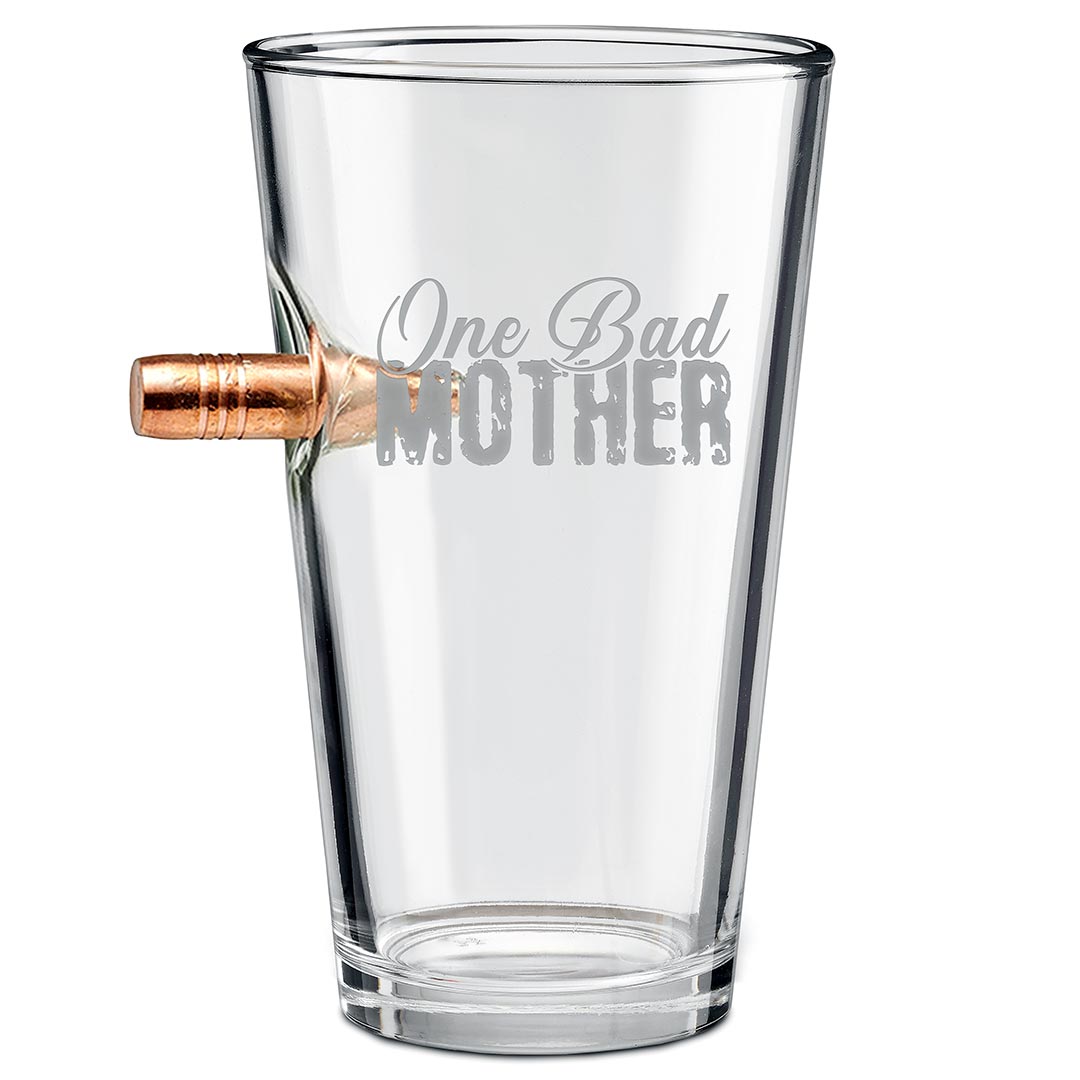 Clear glass with a bullet casing and 'One Bad Mother' text on a white background