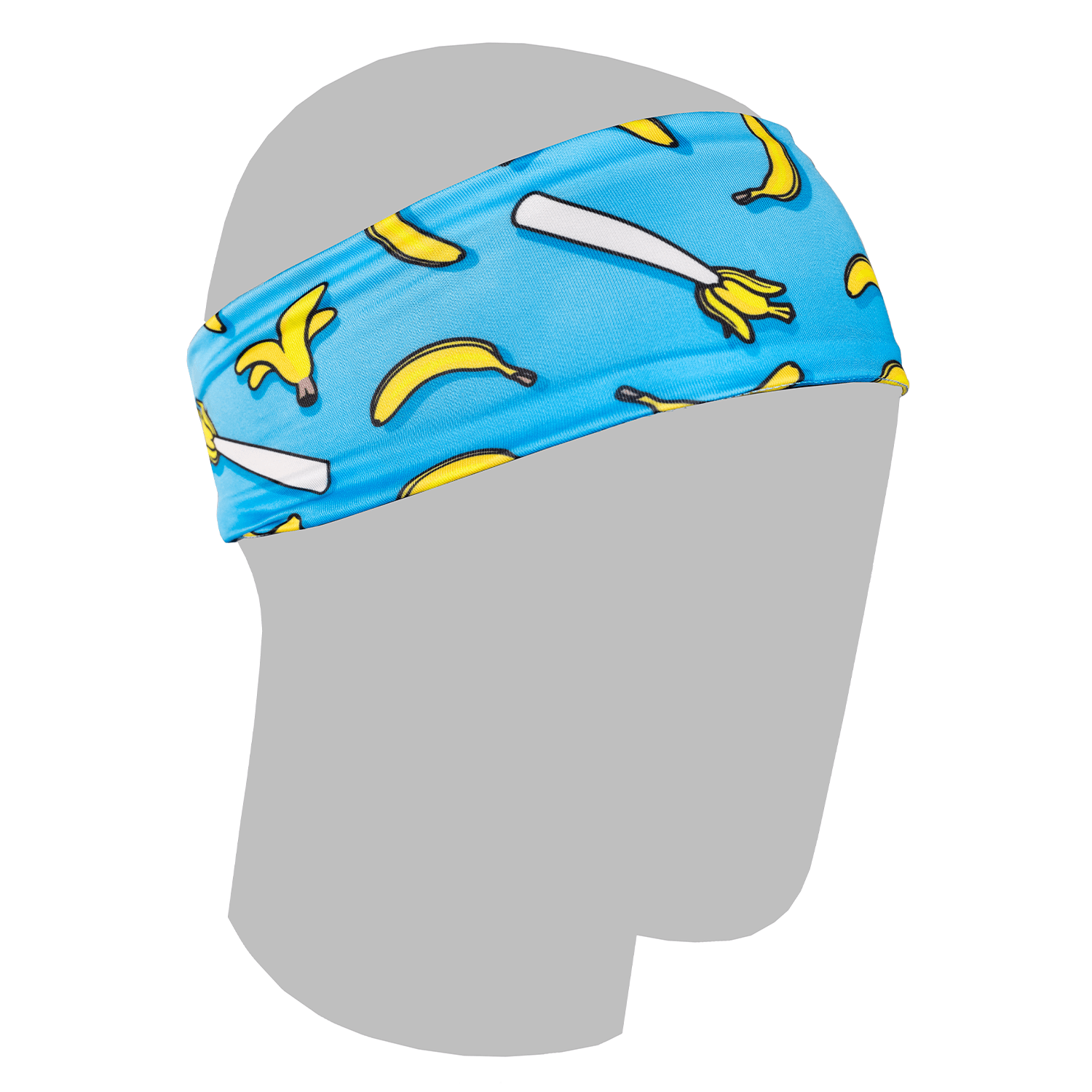 Blue headband with banana pattern on a gray mannequin head.