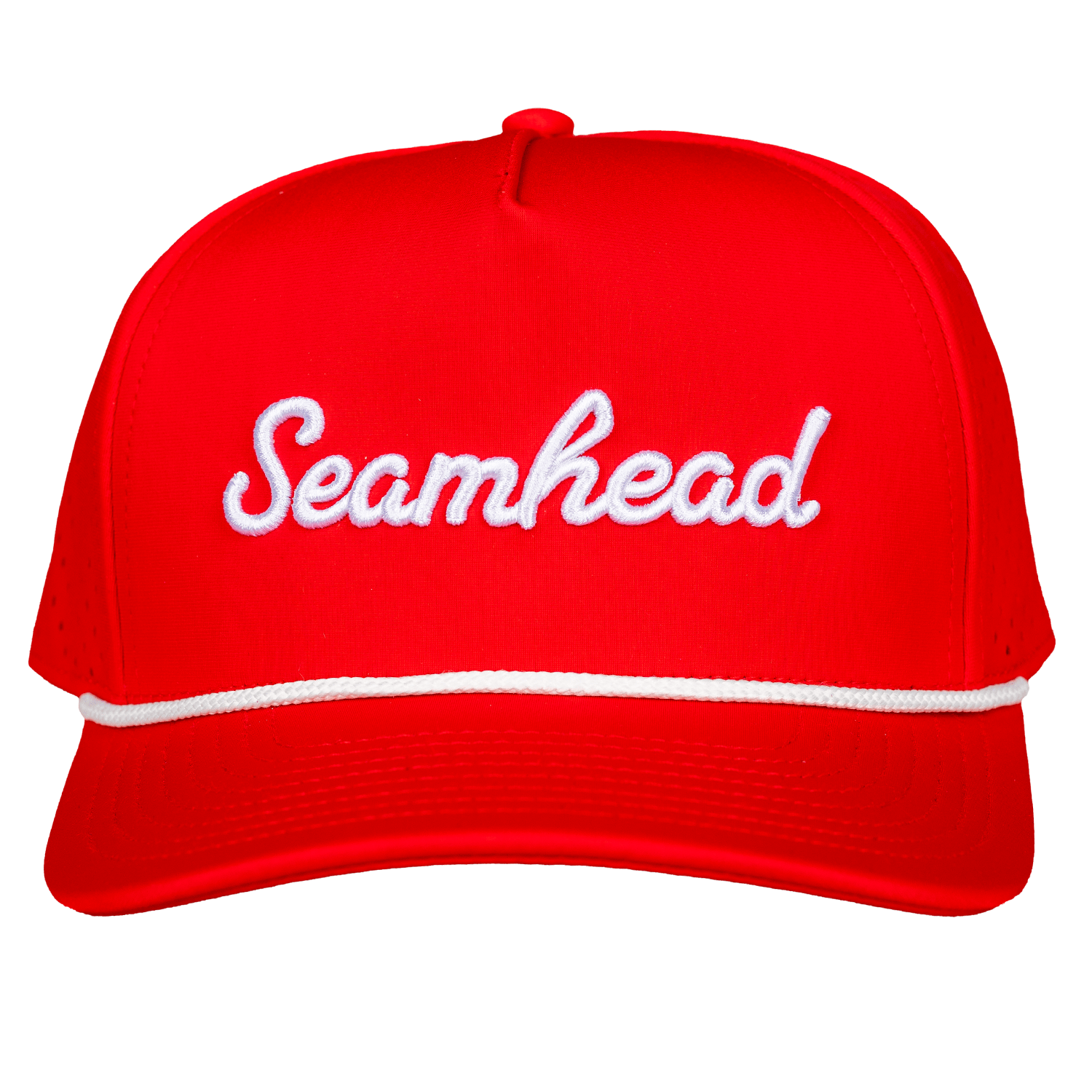 Red cap with 'Seamhead' embroidered on a white background