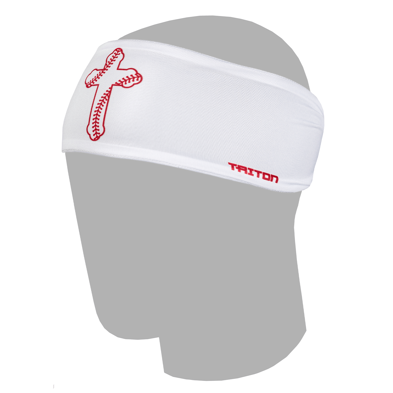 White headband with red baseball cross logo on a gray mannequin head against a white background