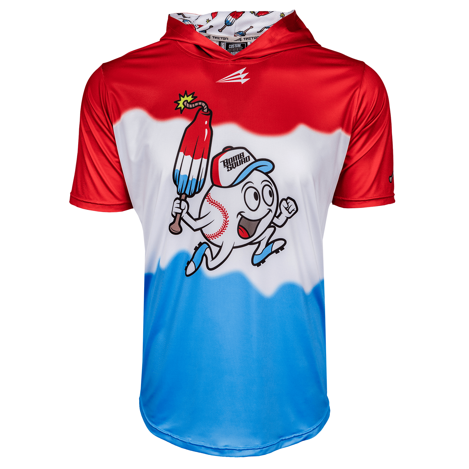 Collection of Red, white, and blue bomb squad pop short sleeve baseball hoodie with cartoon character design on a white background in a gallery layout