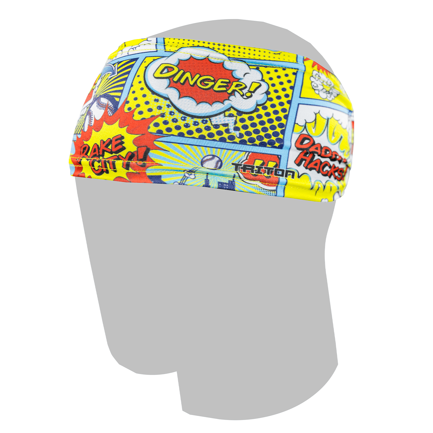 Colorful comic-style headband on a gray mannequin head against a white background. Comic book bombs. 