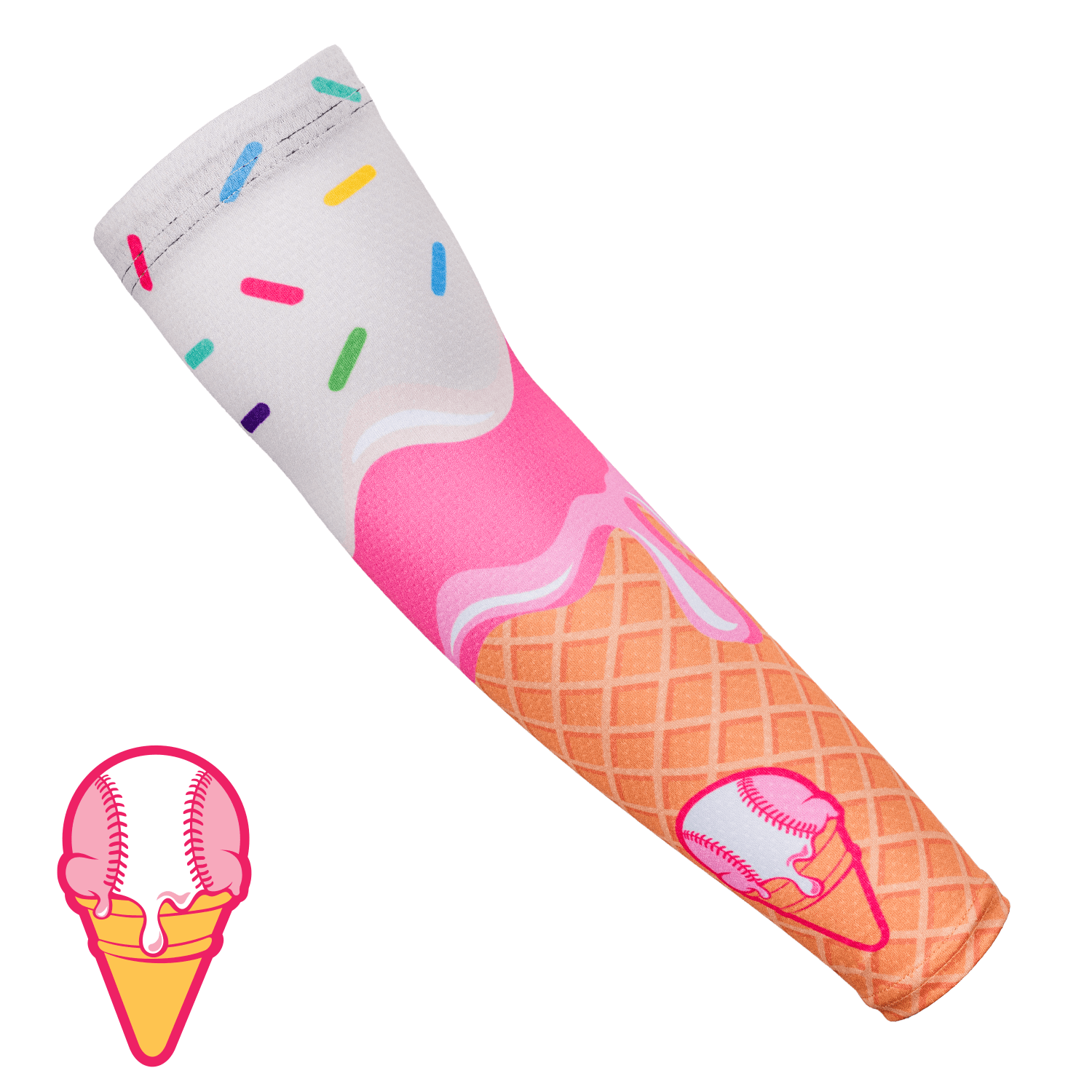 Collection of Ice cream cone-shaped baseball drip arm sleeve colorful sprinkles on a white background in a gallery layout