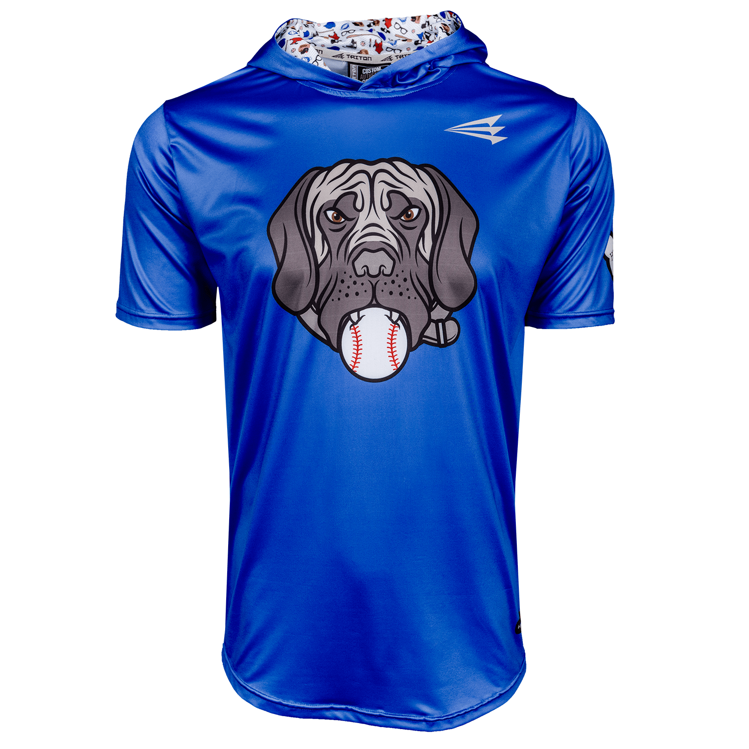 Collection of Blue short sleeve baseball hoodie with hercules holding a baseball graphic in its mouth  in a gallery layout