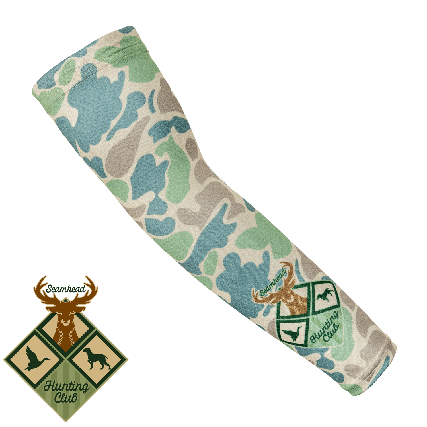 Collection of Camouflage-patterned product with hunting club logo on a white background in a gallery layout