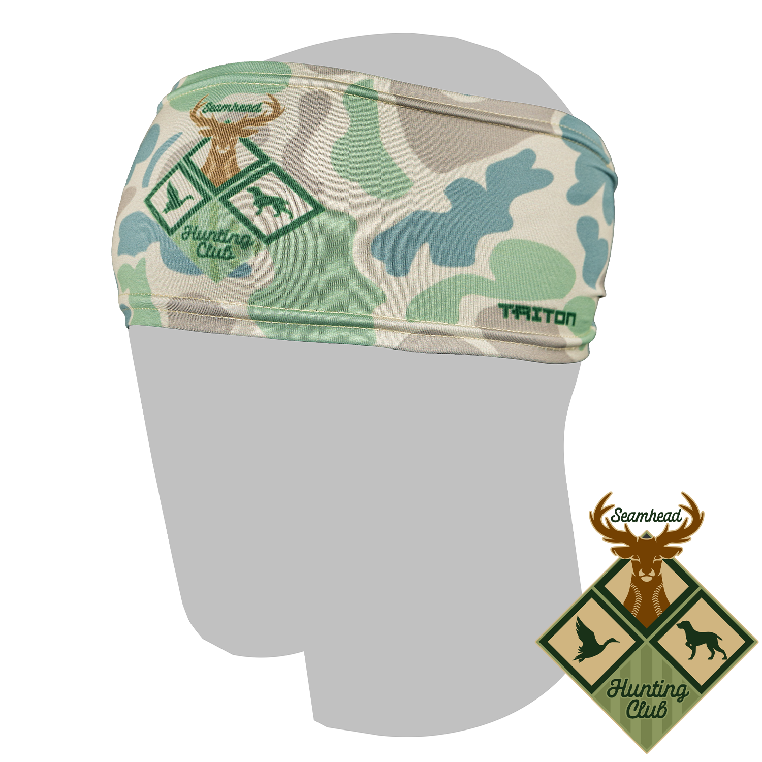 Camouflage headband with Hunting Club logo on a white background