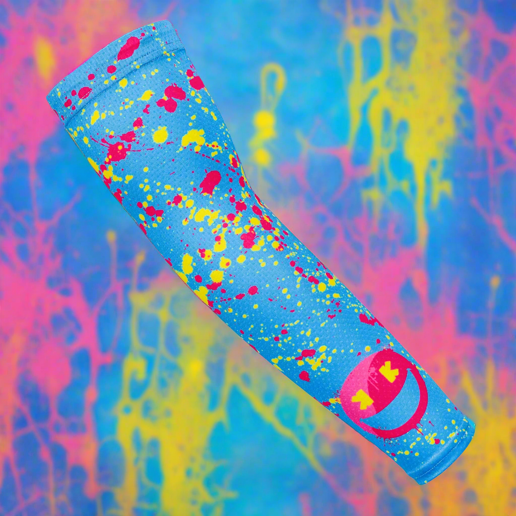 Collection of Colorful splatter-patterned smiley k baseball arm sleeve on a multicolored abstract background in a gallery layout