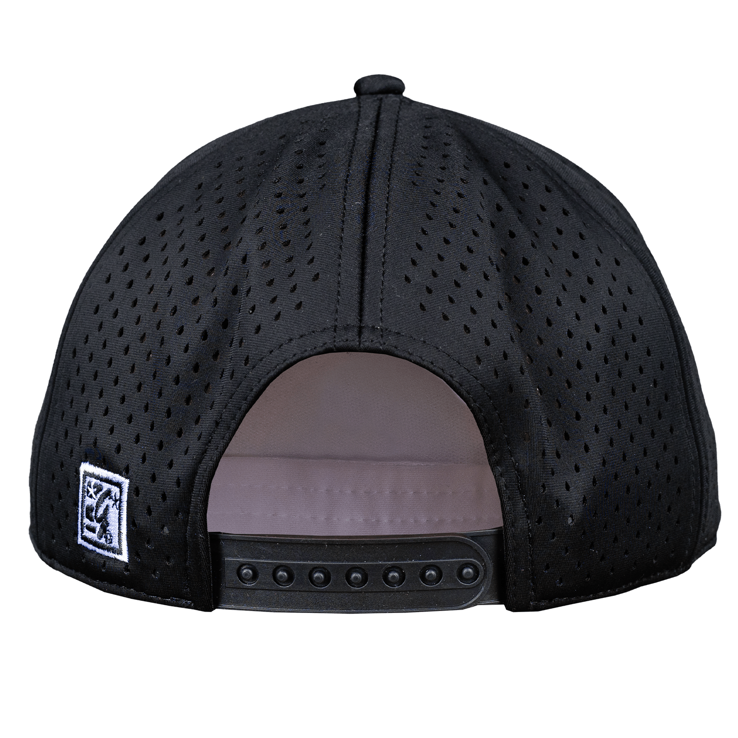 Collection of Black perforated cap with a small Game logo on the back against a white background in a gallery layout