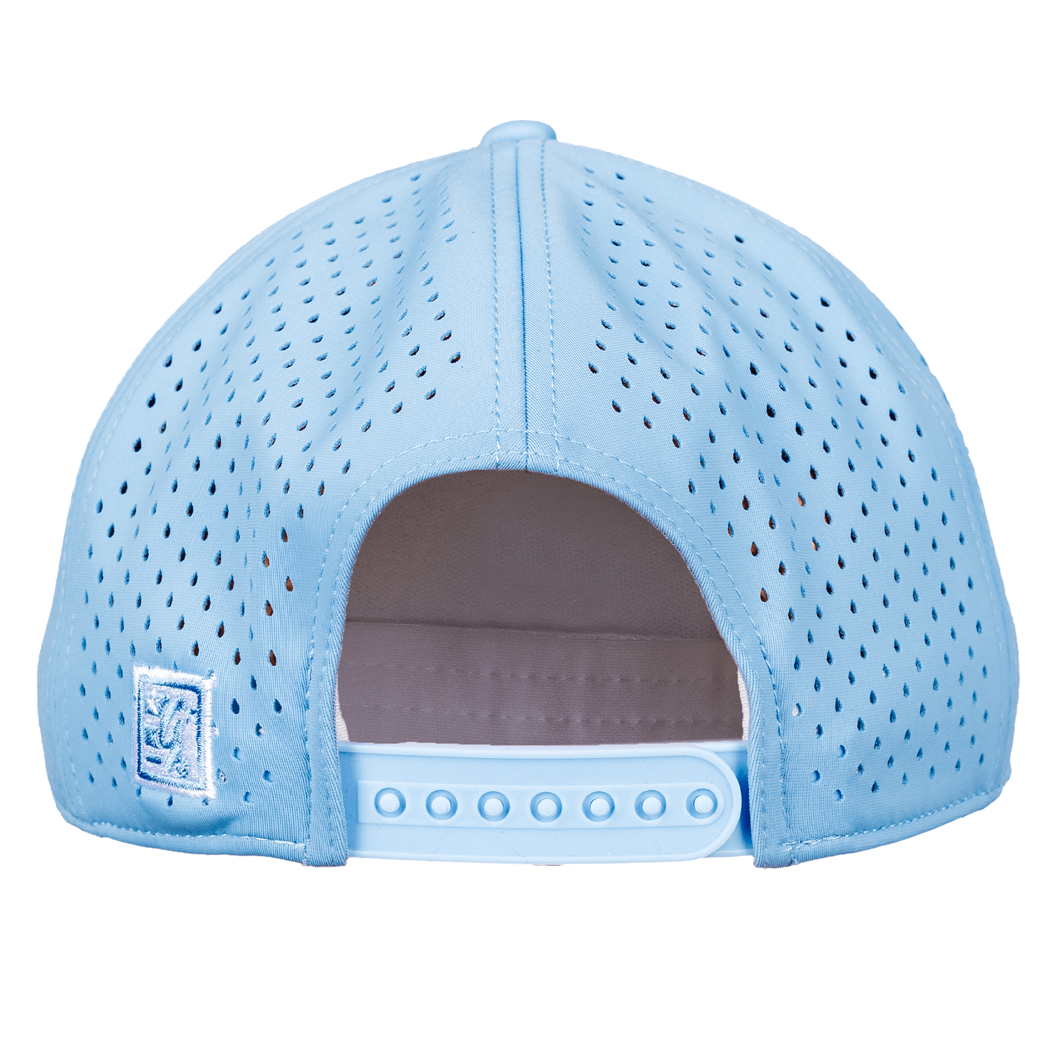 Light blue baseball cap with perforated design on a white background