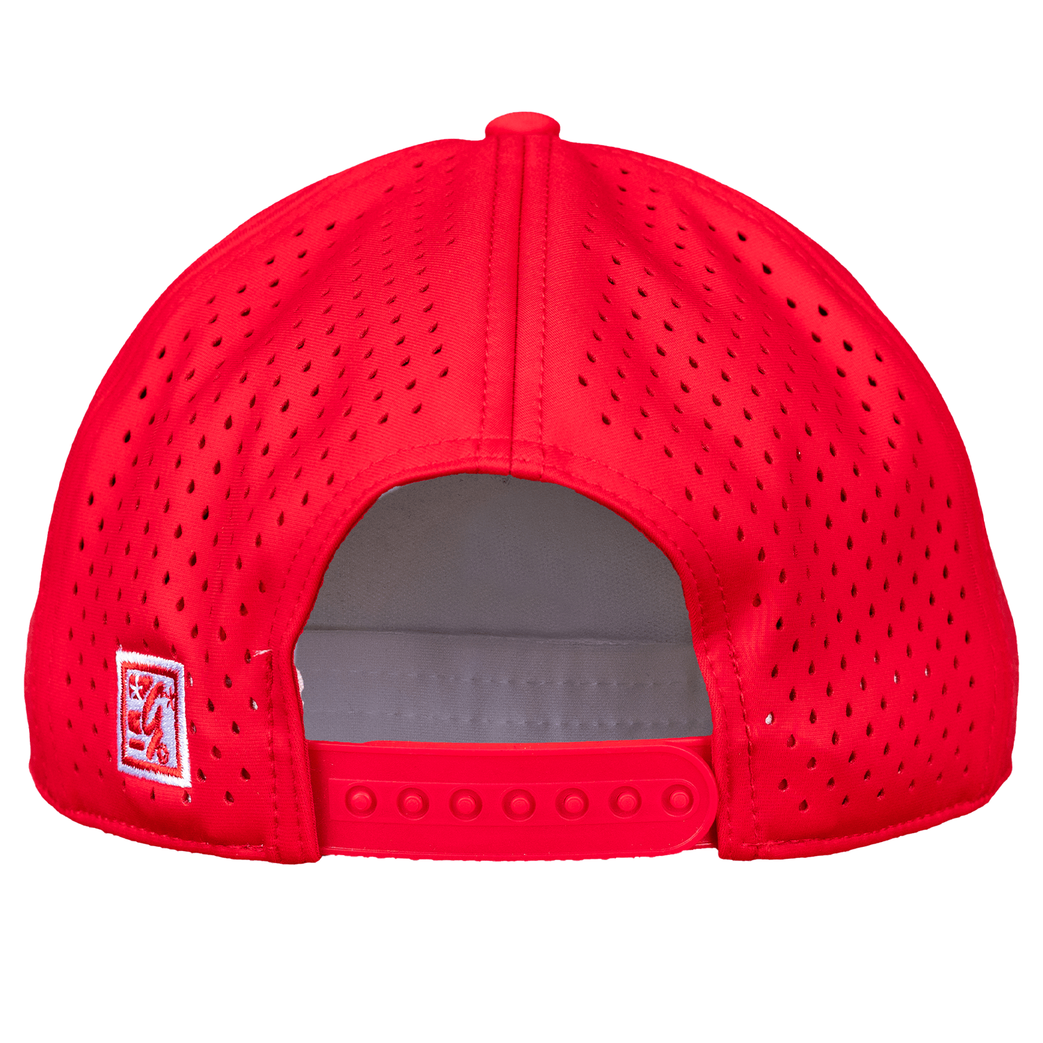 Collection of Red perforated cap with a logo on the back against a white background in a gallery layout