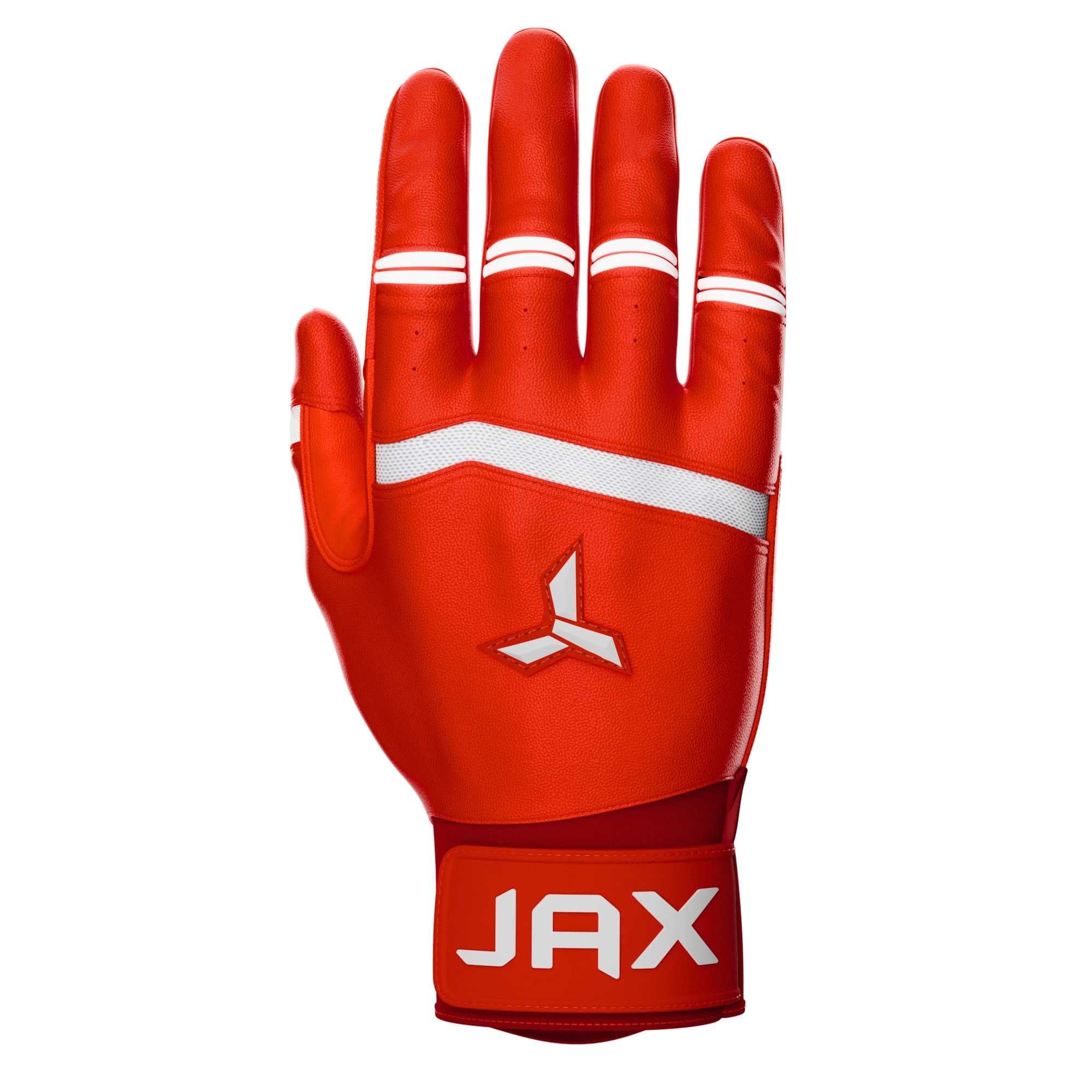 Collection of Red baseball batting gloves with white accents and 'JAX' branding on a white background in a gallery layout