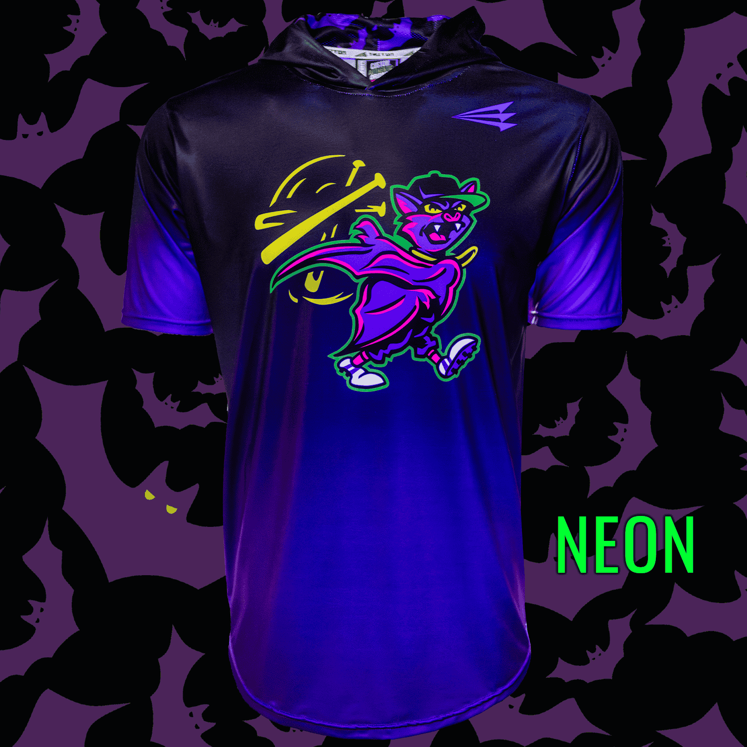 Collection of Neon purple baseball bat flips short sleeve hoodie with a colorful graphic design on a matching background in a gallery layout