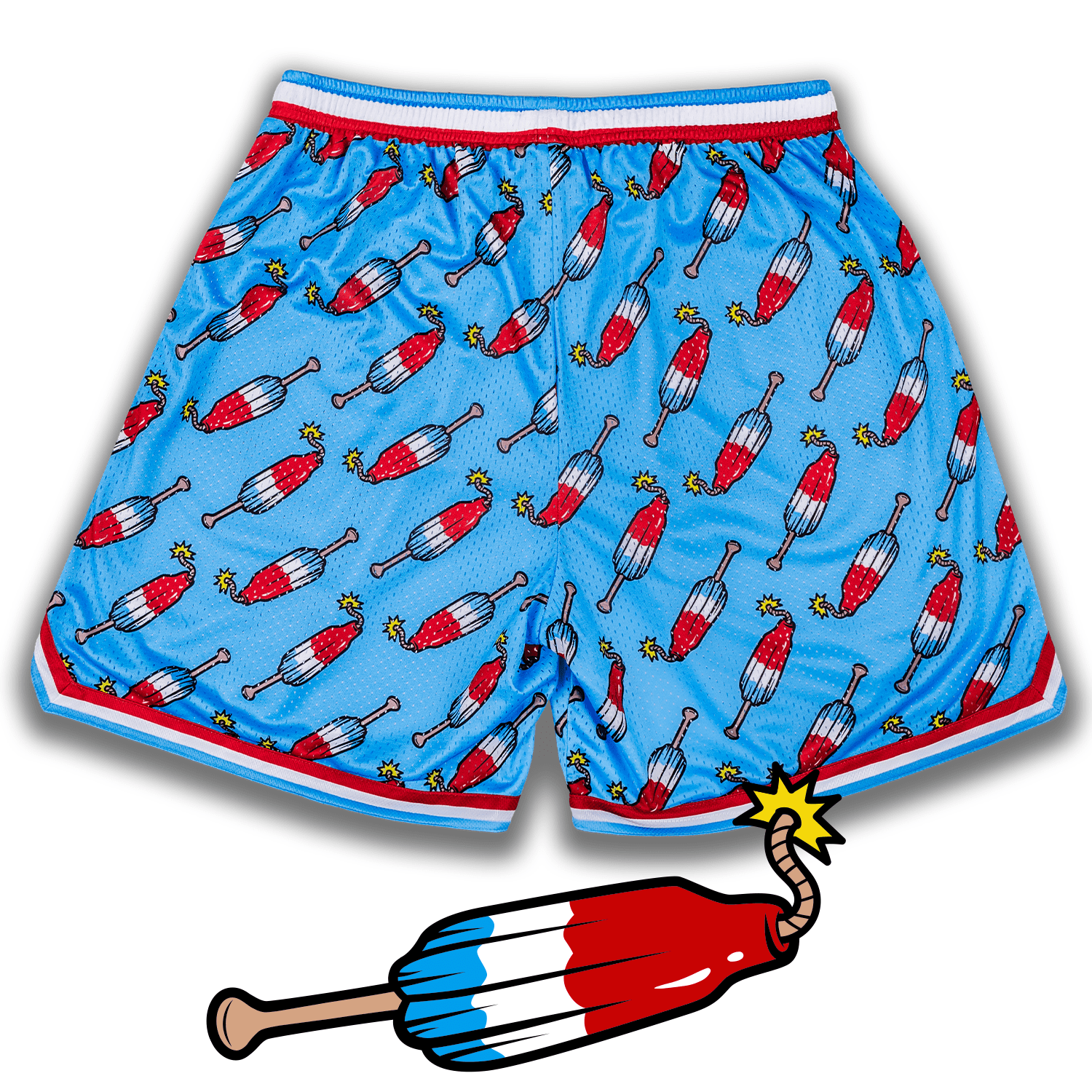 Collection of Blue shorts with red and white bomb pops pattern on a white background in a gallery layout