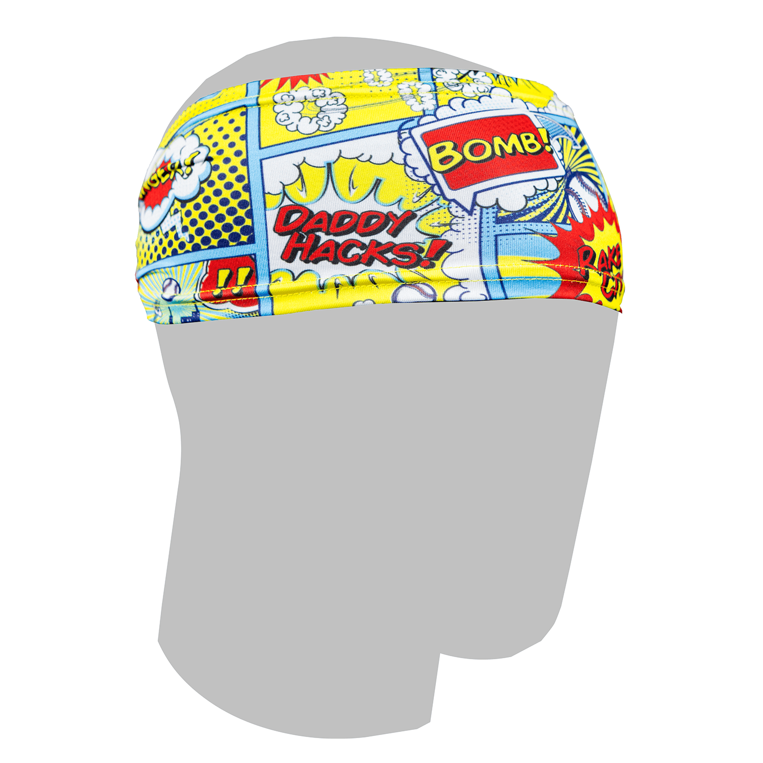 Collection of Colorful headband with comic book design and text on a white background in a gallery layout