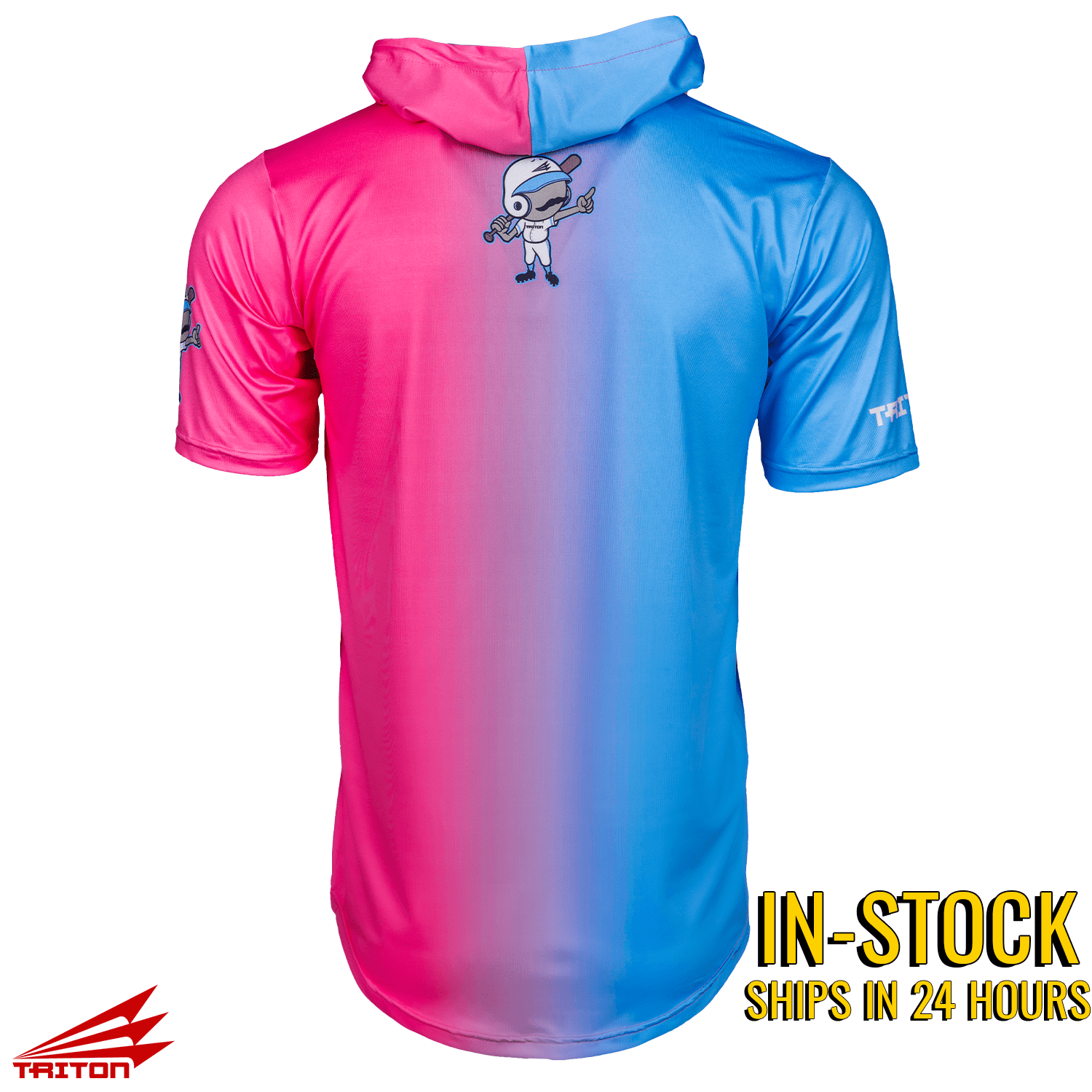 Collection of Gradient pink to blue short sleeve baseball hoodie with cartoon character on a white background in a gallery layout