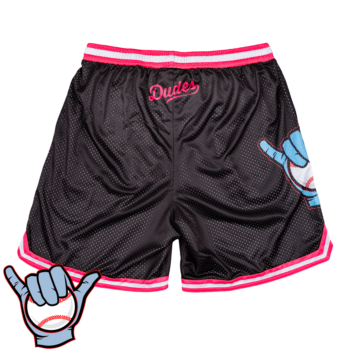 Collection of Black shorts with pink and white accents featuring a logo on a white background in a gallery layout