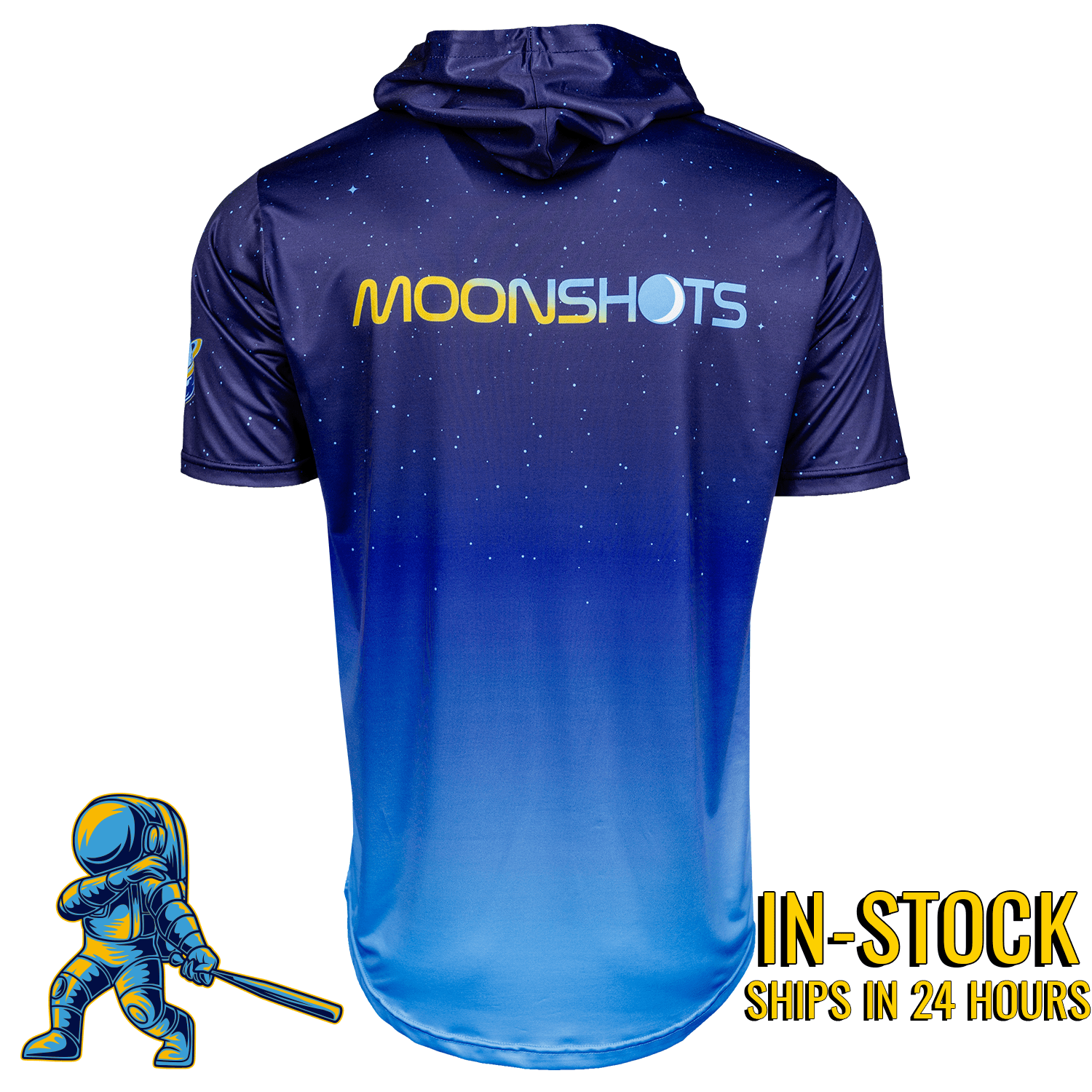 Collection of Blue baseball short sleeve hoodie with 'MOONSHOTS' logo on a white background in a gallery layout