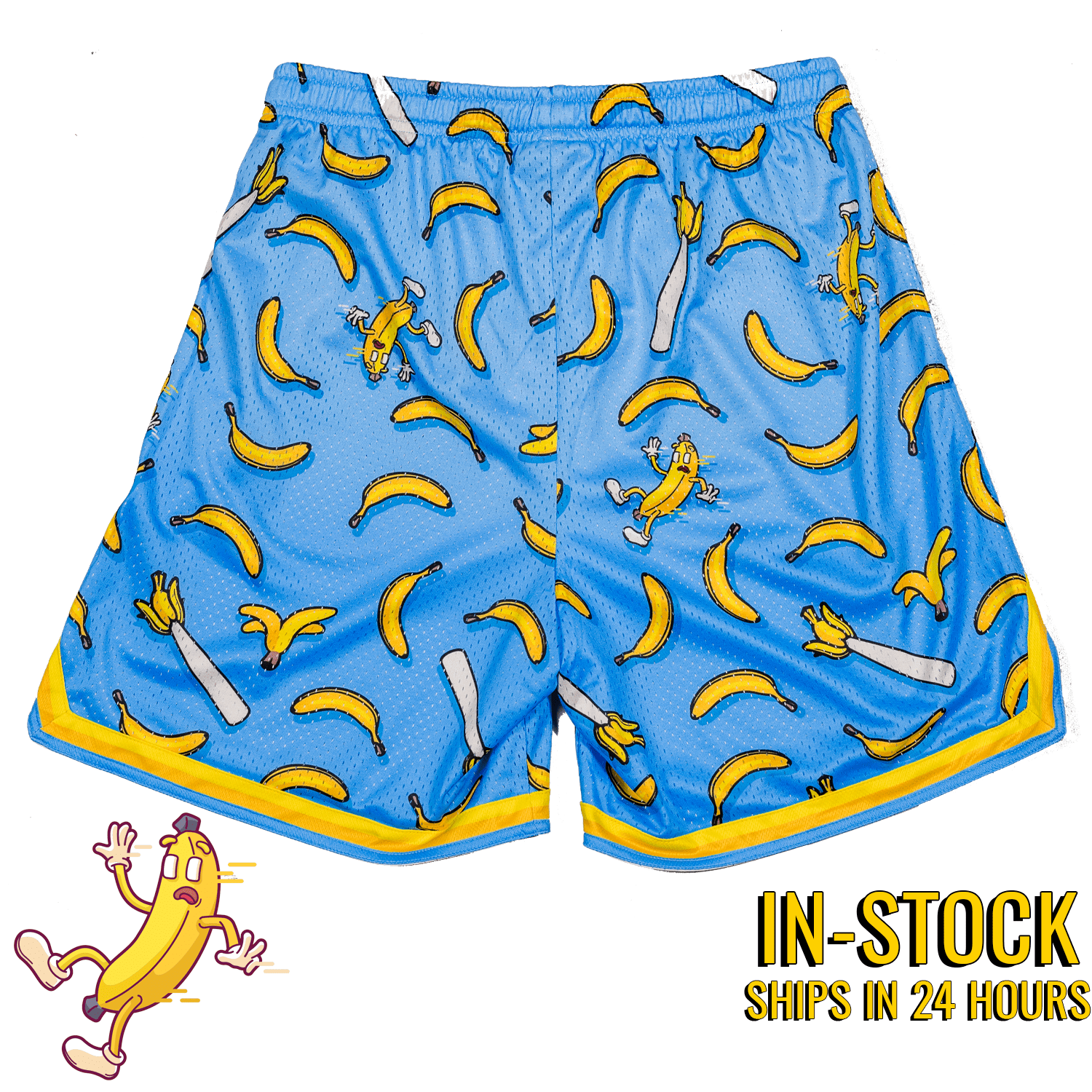 Collection of nukes and naners Blue mesh athletic shorts with banana pattern and cartoon banana character on a white background in a gallery layout