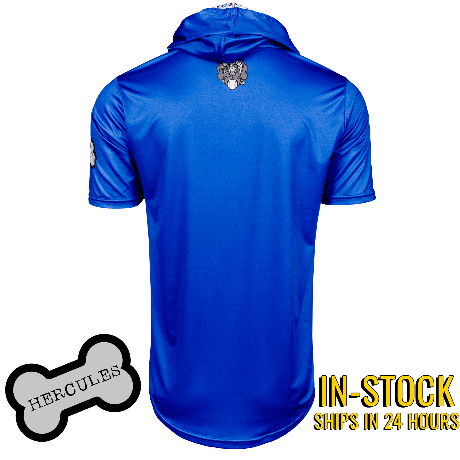 Collection of Blue short sleeve hoodie with sandlot Hercules dog on the back in a gallery layout