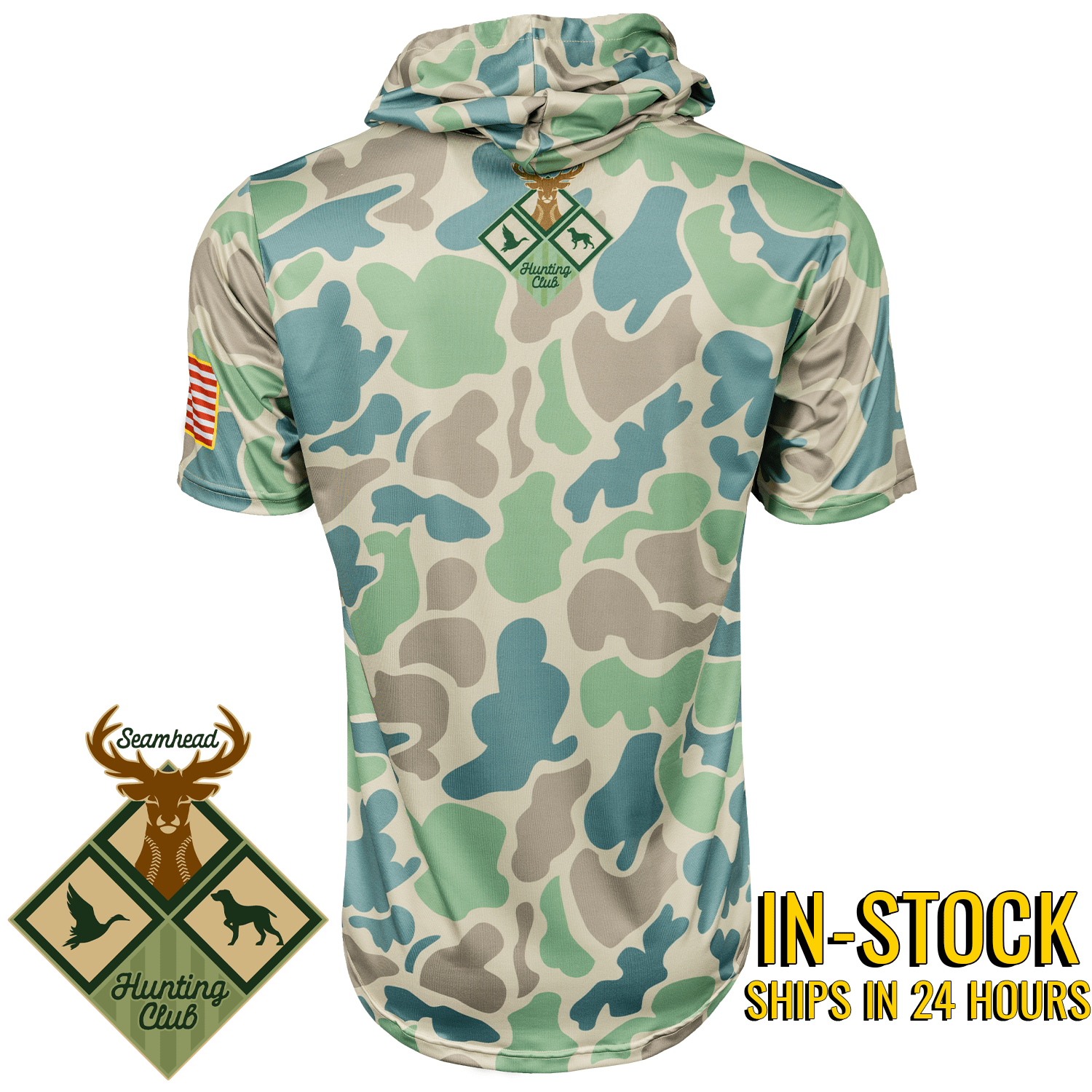 Collection of Camouflage baseball short sleeve athletic hoodie with brand logo on a white background in a gallery layout