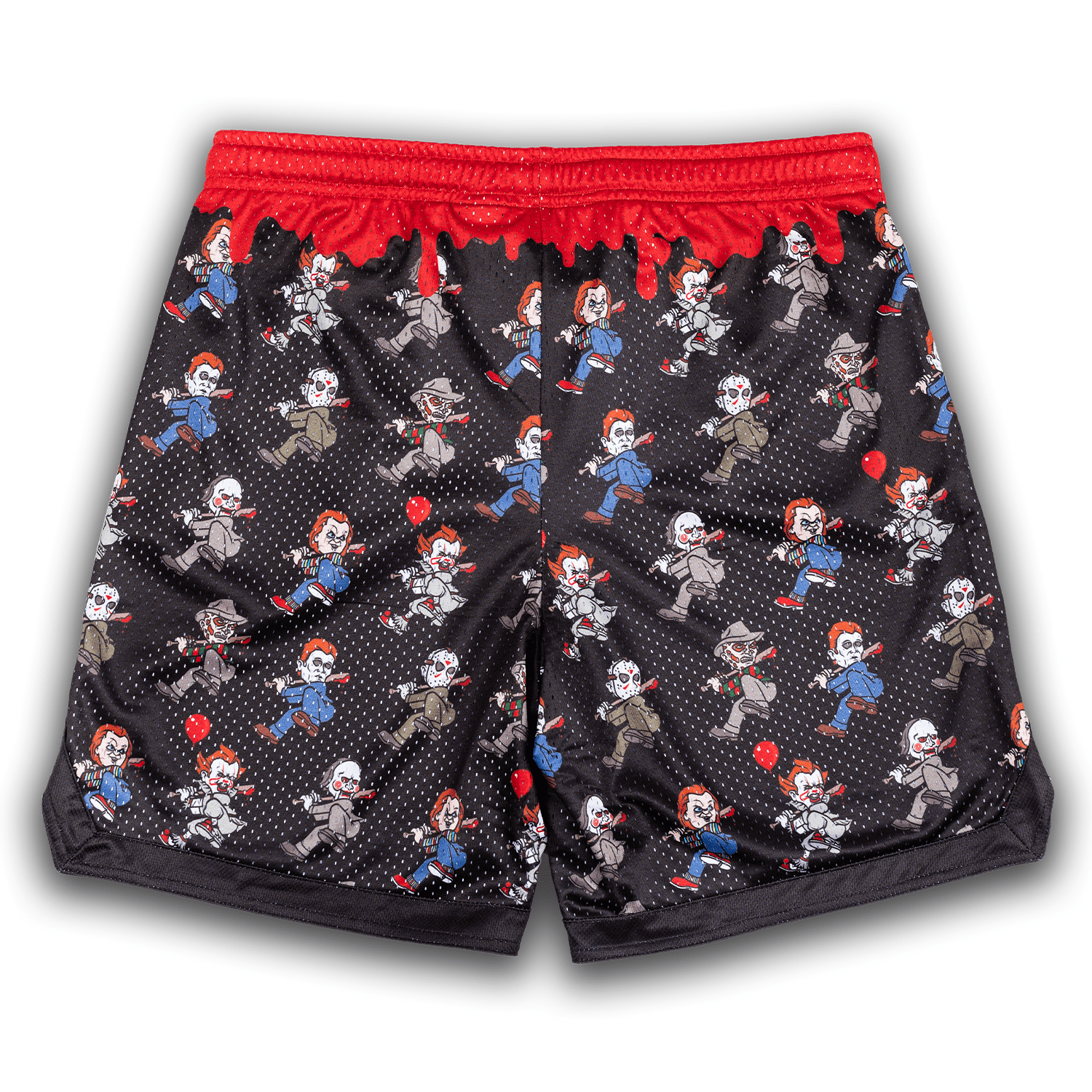 Collection of Black shorts with cartoon character pattern and red waistband on a white background in a gallery layout