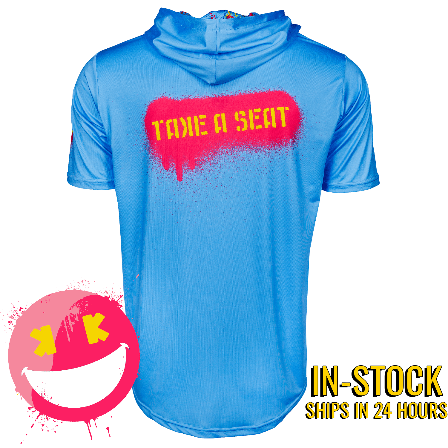 Collection of Blue short sleeve hoodie with 'Take a Seat' text on the back, brand logo, and promotional text. in a gallery layout