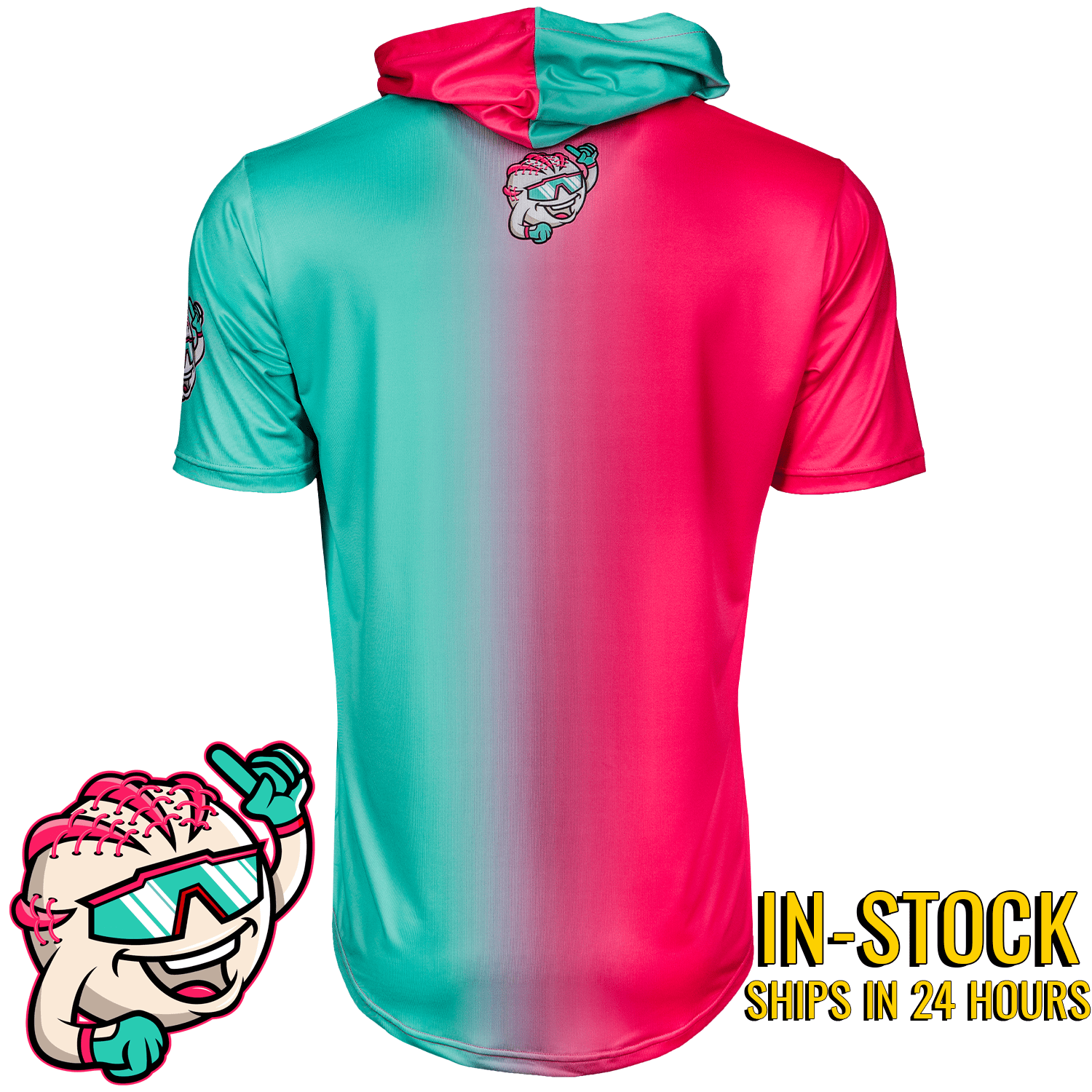 Collection of Colorful hoodie with gradient design and cartoon character on a white background in a gallery layout